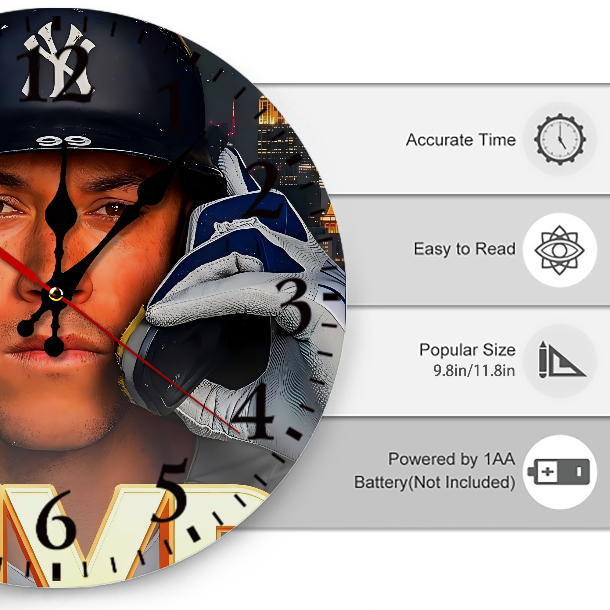 Aaron Judge MVP Silent Round Wall Clock – Modern & Stylish DIY Design, Durable Wood Construction, Easy To Install – Perfect For Office, Bedroom, Living Room, And More