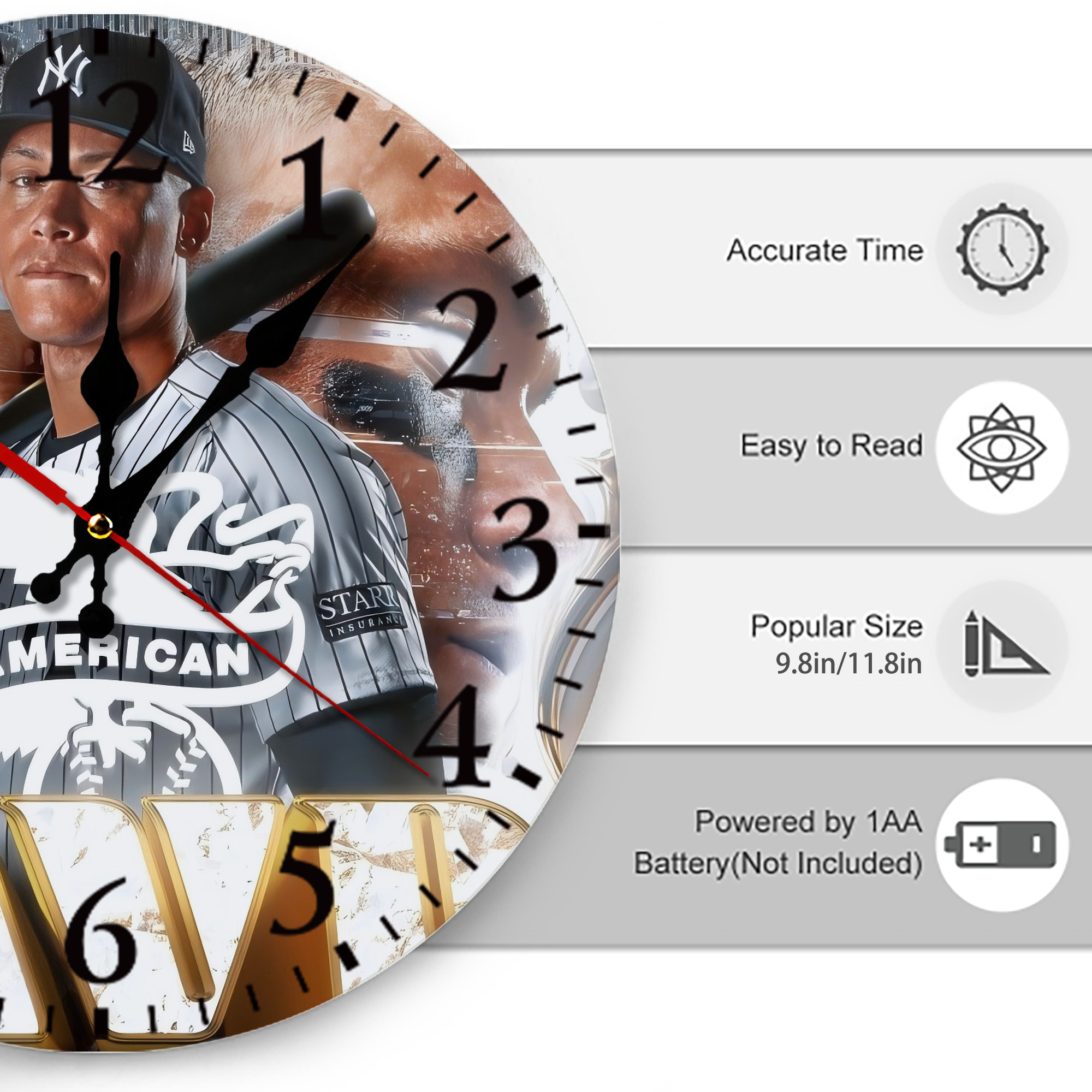 Aaron Judge MVP Silent Round Wall Clock – Modern & Stylish DIY Design, Durable Wood Construction, Easy To Install – Perfect For Office, Bedroom, Living Room, And More