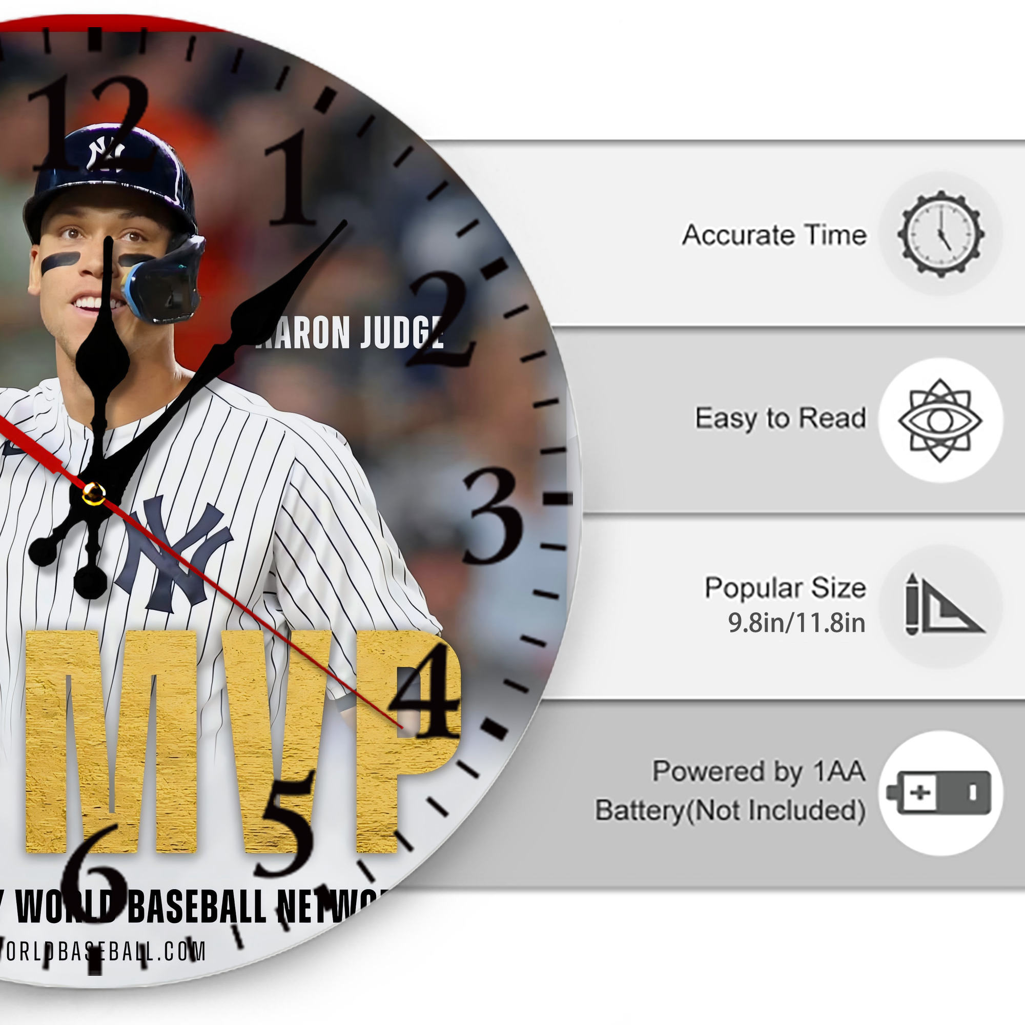 Aaron Judge MVP Silent Round Wall Clock – Modern & Stylish DIY Design, Durable Wood Construction, Easy To Install – Perfect For Office, Bedroom, Living Room, And More