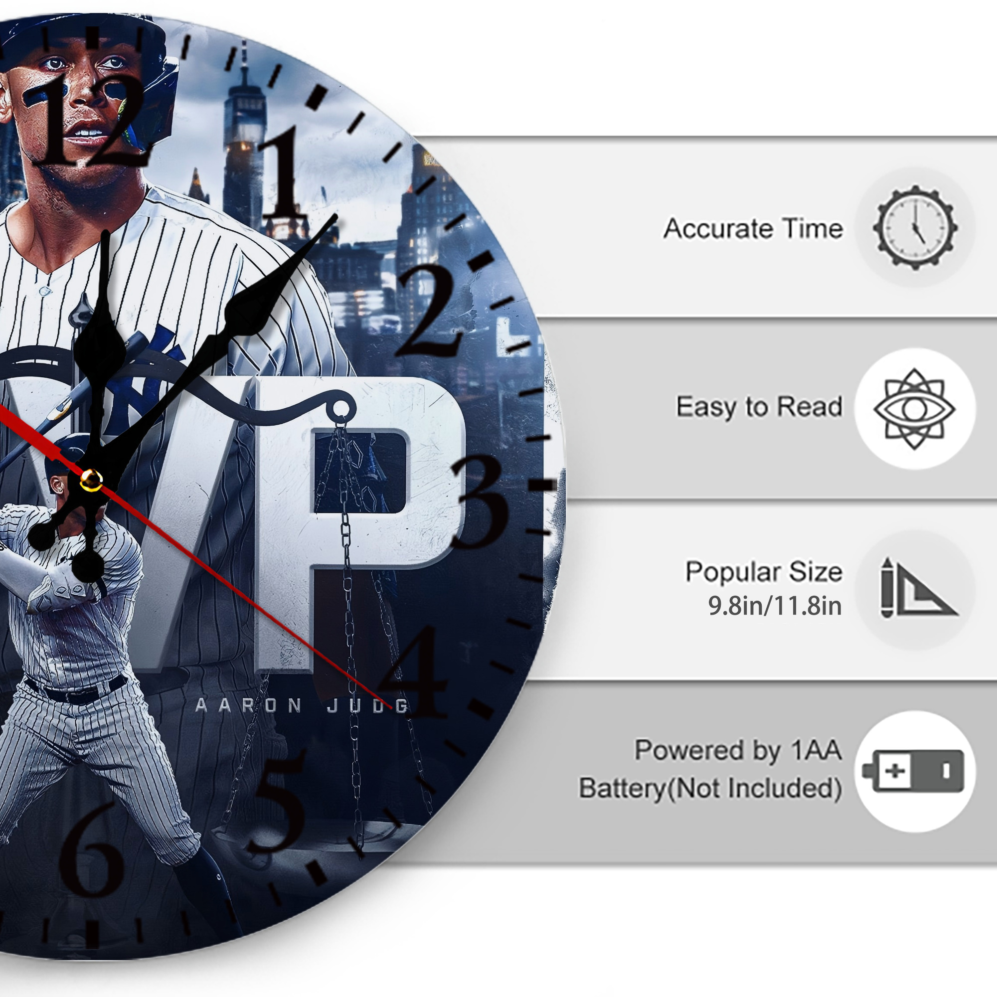 Aaron Judge MVP Silent Round Wall Clock – Modern & Stylish DIY Design, Durable Wood Construction, Easy To Install – Perfect For Office, Bedroom, Living Room, And More