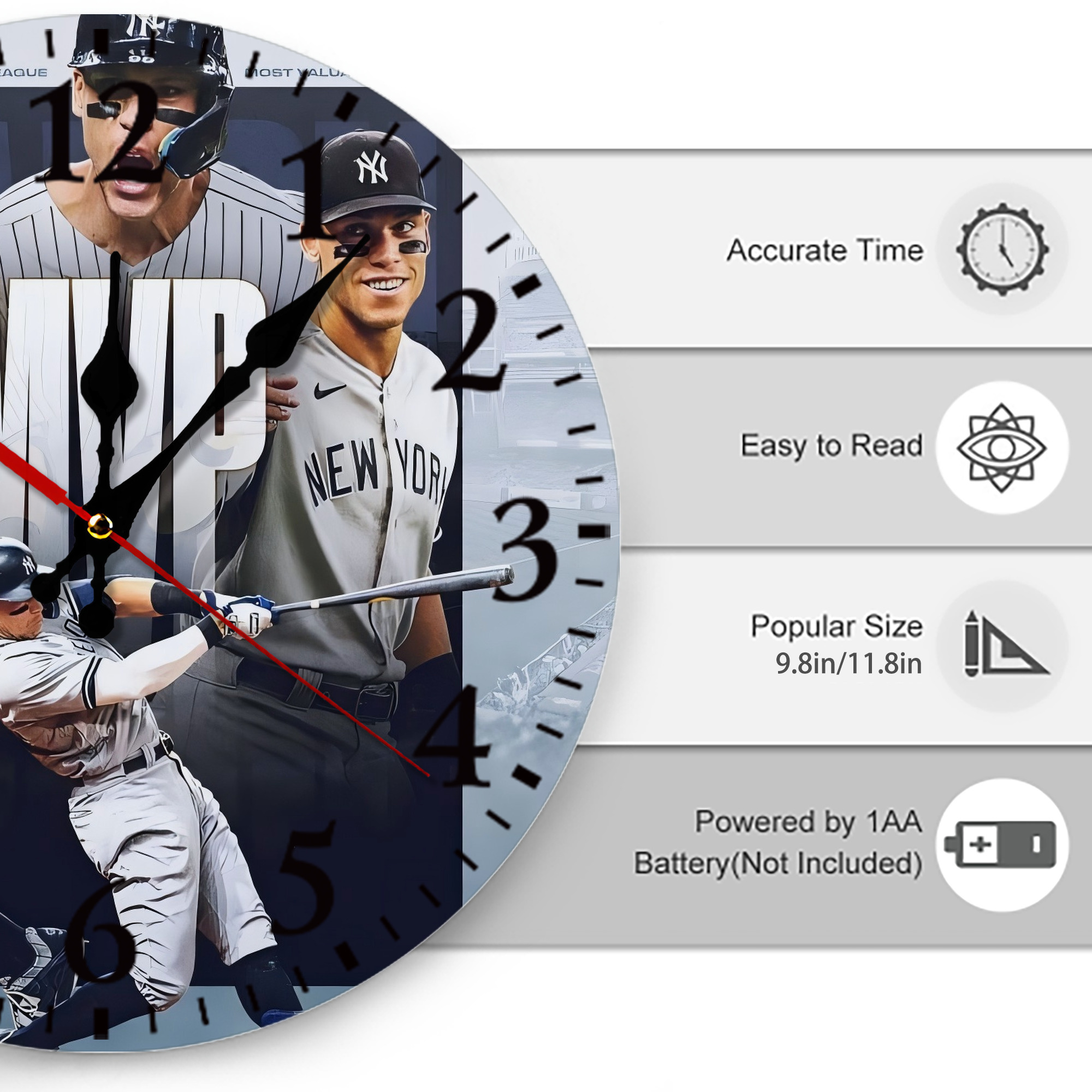 Aaron Judge MVP Silent Round Wall Clock – Modern & Stylish DIY Design, Durable Wood Construction, Easy To Install – Perfect For Office, Bedroom, Living Room, And More