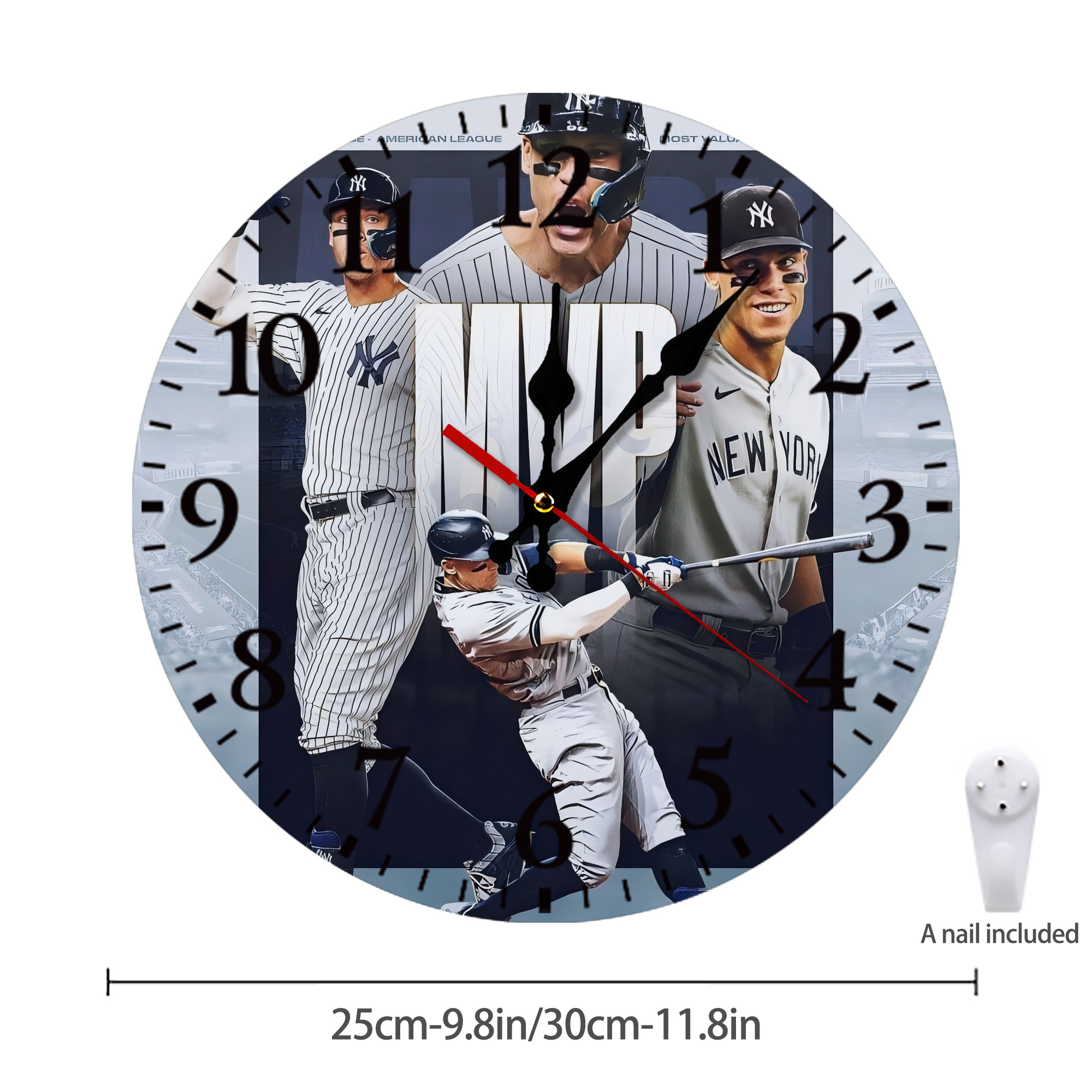 Aaron Judge MVP Silent Round Wall Clock – Modern & Stylish DIY Design, Durable Wood Construction, Easy To Install – Perfect For Office, Bedroom, Living Room, And More