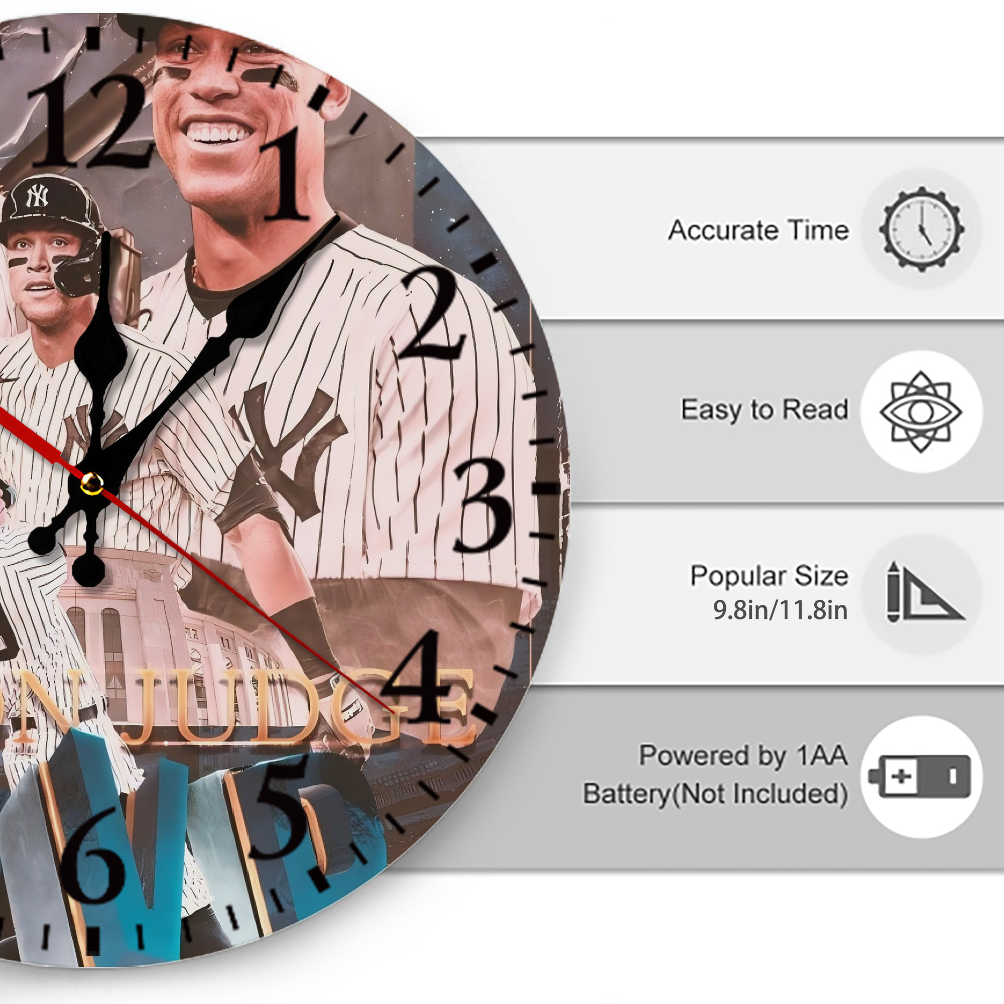 Aaron Judge MVP Silent Round Wall Clock – Modern & Stylish DIY Design, Durable Wood Construction, Easy To Install – Perfect For Office, Bedroom, Living Room, And More