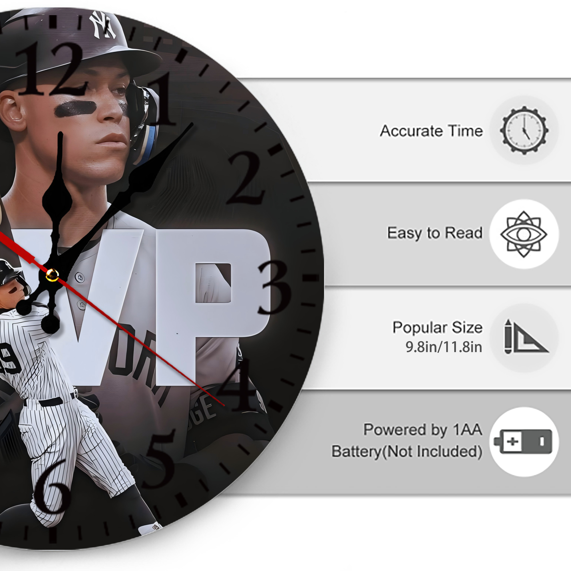 Aaron Judge MVP Silent Round Wall Clock – Modern & Stylish DIY Design, Durable Wood Construction, Easy To Install – Perfect For Office, Bedroom, Living Room, And More