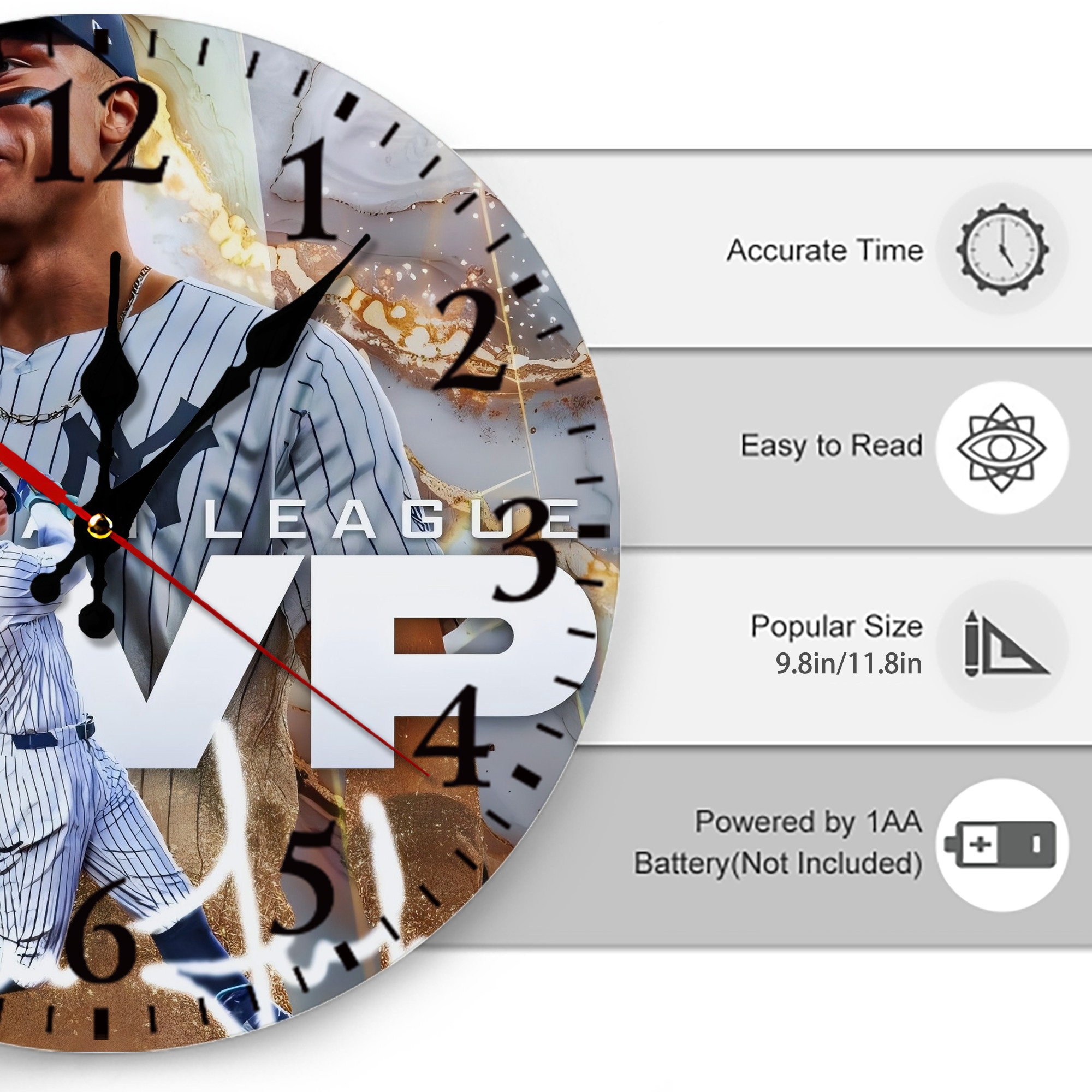 Aaron Judge MVP Silent Round Wall Clock – Modern & Stylish DIY Design, Durable Wood Construction, Easy To Install – Perfect For Office, Bedroom, Living Room, And More
