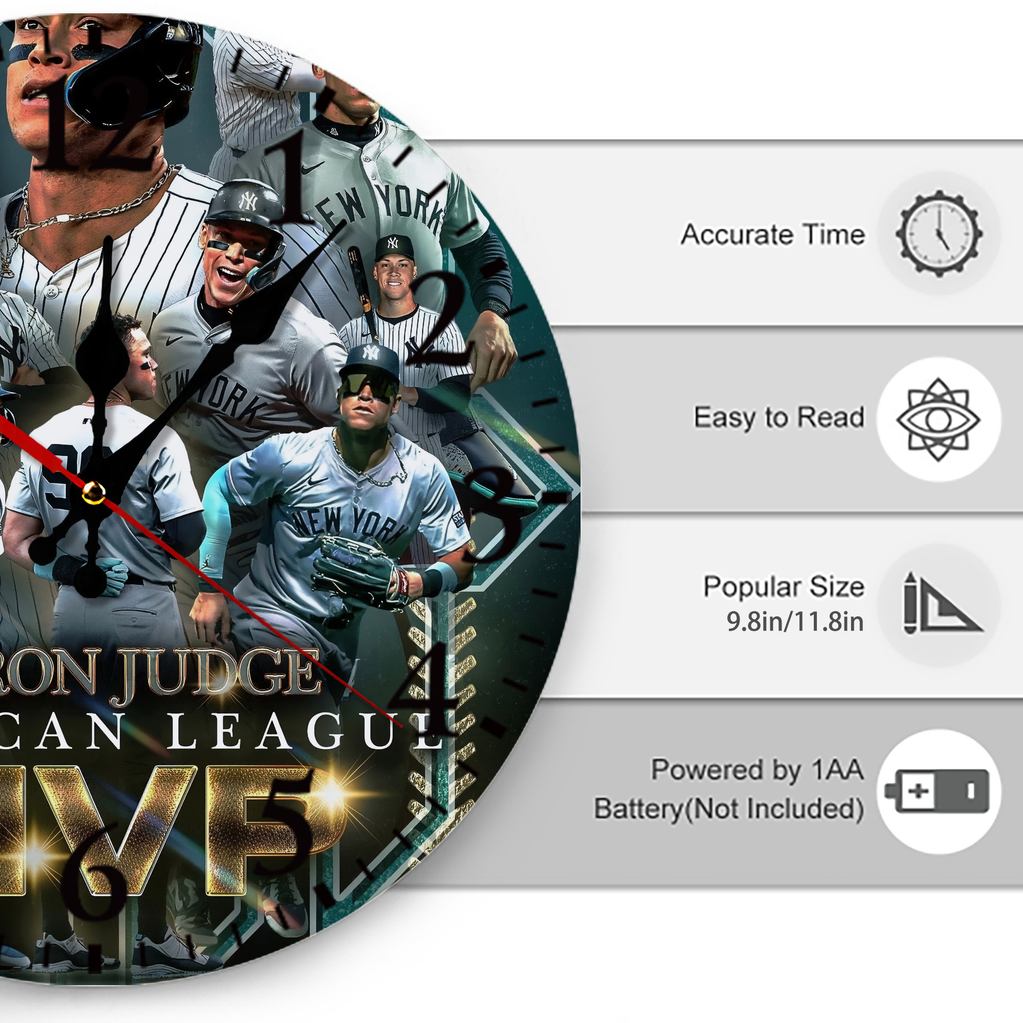 Aaron Judge MVP Silent Round Wall Clock – Modern & Stylish DIY Design, Durable Wood Construction, Easy To Install – Perfect For Office, Bedroom, Living Room, And More