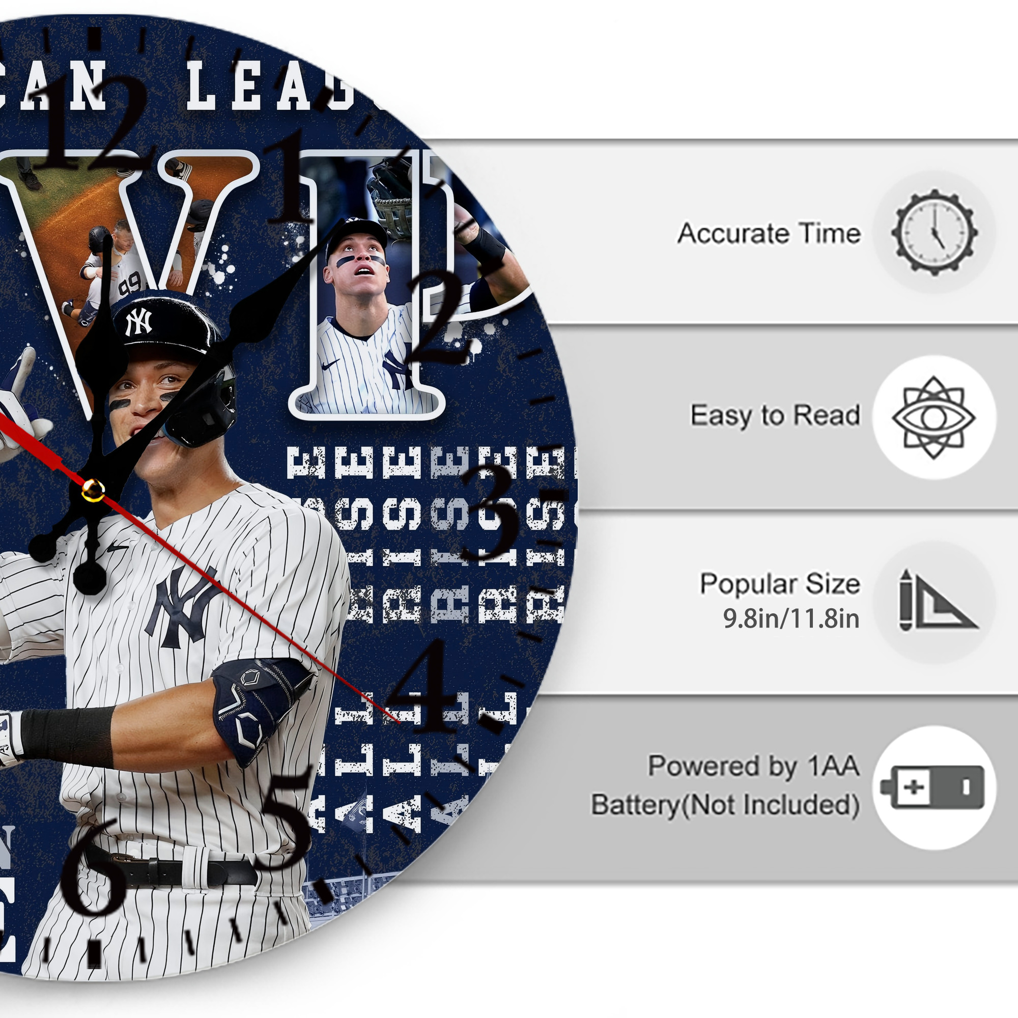 Aaron Judge MVP Silent Round Wall Clock – Modern & Stylish DIY Design, Durable Wood Construction, Easy To Install – Perfect For Office, Bedroom, Living Room, And More