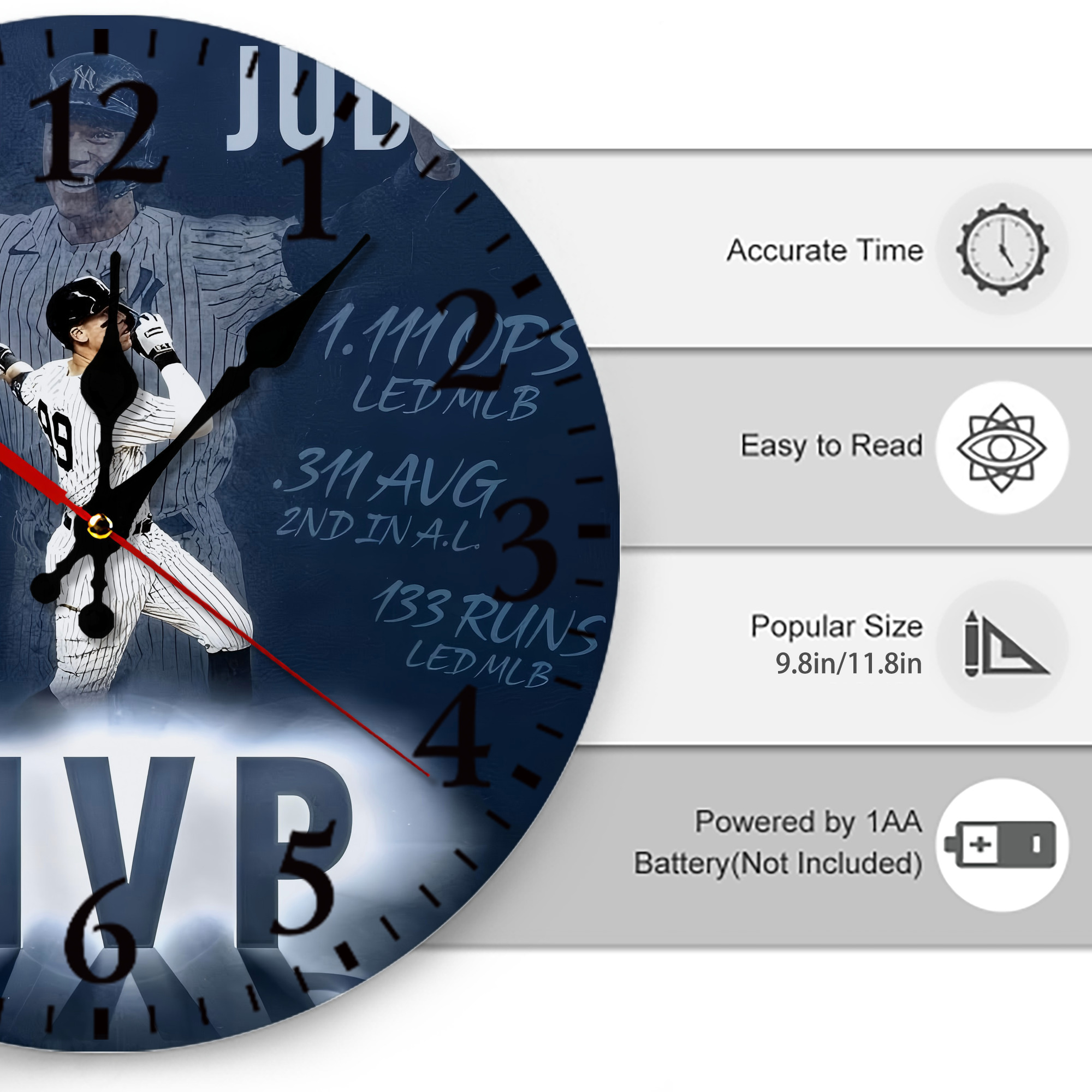 Aaron Judge MVP Silent Round Wall Clock – Modern & Stylish DIY Design, Durable Wood Construction, Easy To Install – Perfect For Office, Bedroom, Living Room, And More