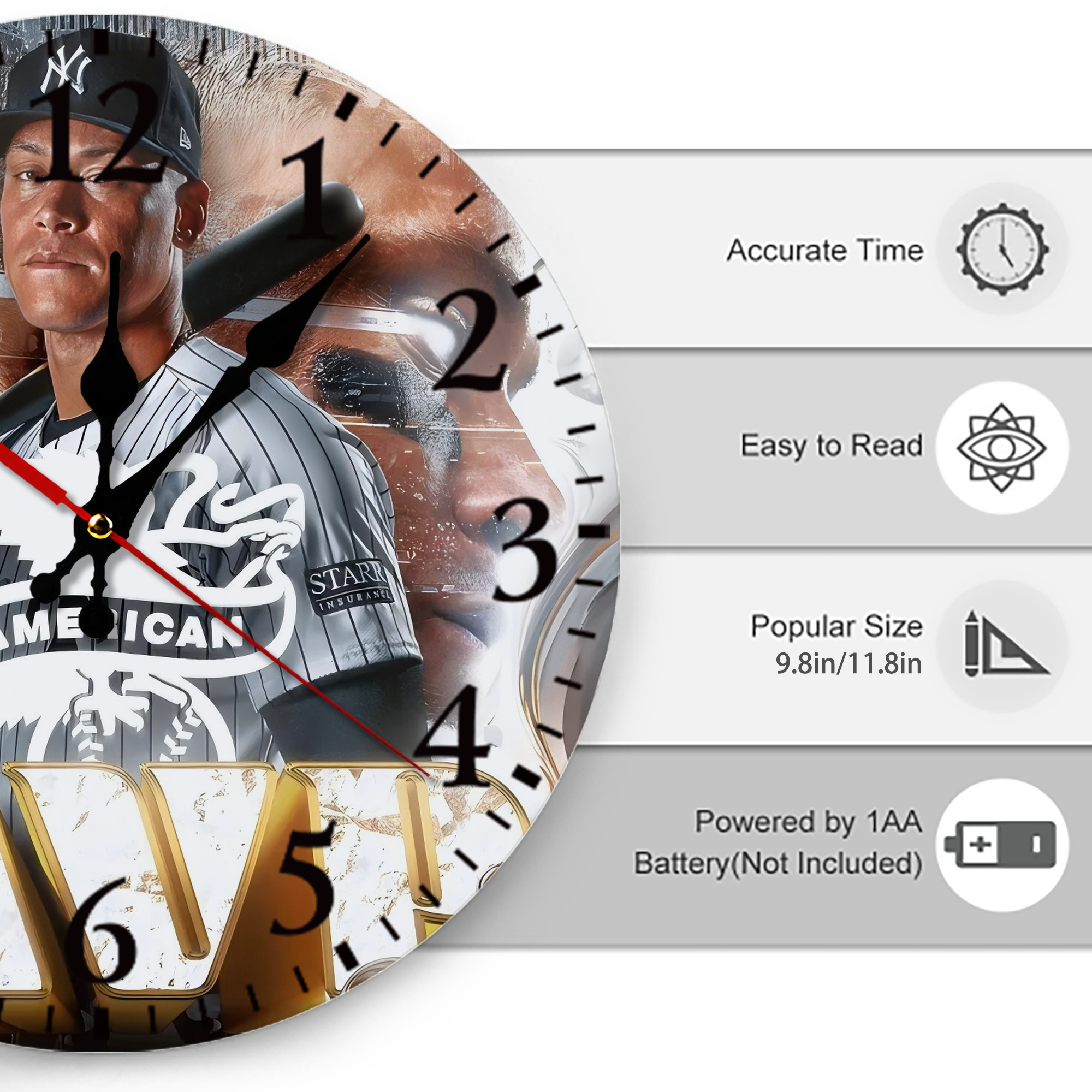 Aaron Judge MVP Silent Round Wall Clock – Modern & Stylish DIY Design, Durable Wood Construction, Easy To Install – Perfect For Office, Bedroom, Living Room, And More