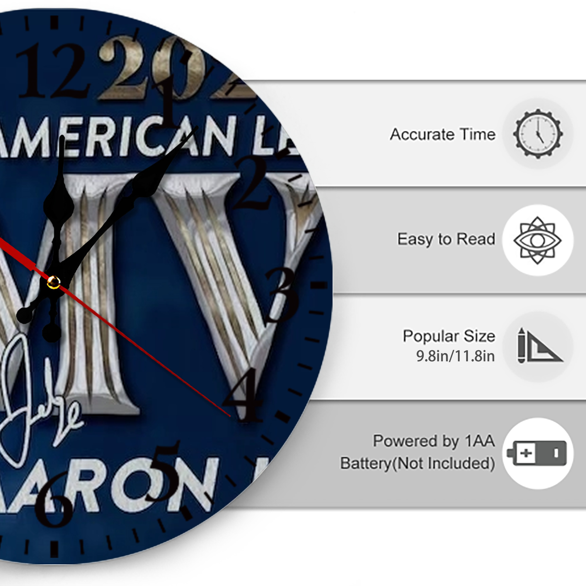 Aaron Judge MVP Silent Round Wall Clock – Modern & Stylish DIY Design, Durable Wood Construction, Easy To Install – Perfect For Office, Bedroom, Living Room, And More