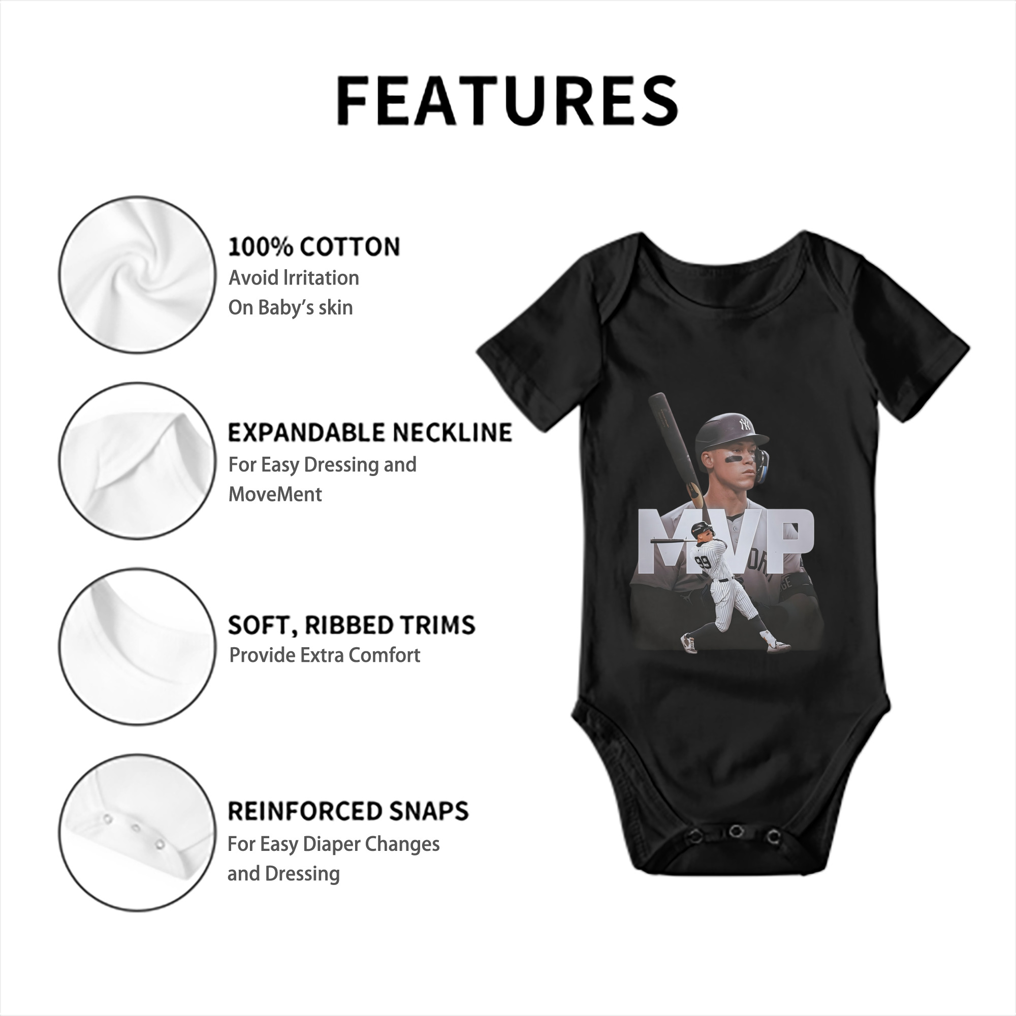 Aaron Judge MVP Baby Short Sleeve Romper – 100% Cotton Soft & Breathable Digital Print Onesie With Easy Snap Closure And Envelope Shoulder – Comfortable For Daily Wear & Travel