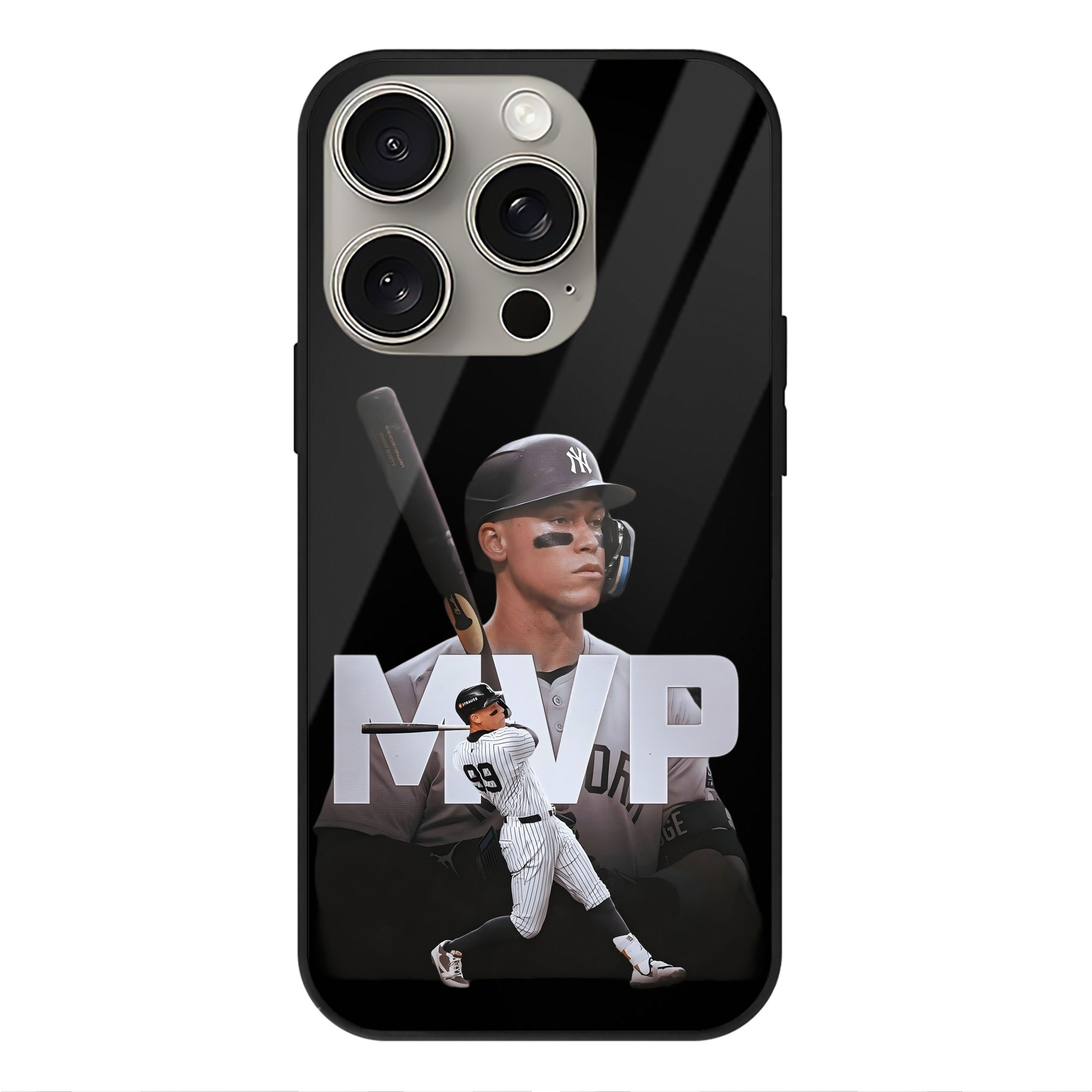 Aaron Judge MVP IPhone 15 Pro Mirror Phone Case – UV Printed Glass + TPU – Scratch-Resistant, Wireless Charging Compatible, Precise Fit & Stylish Design