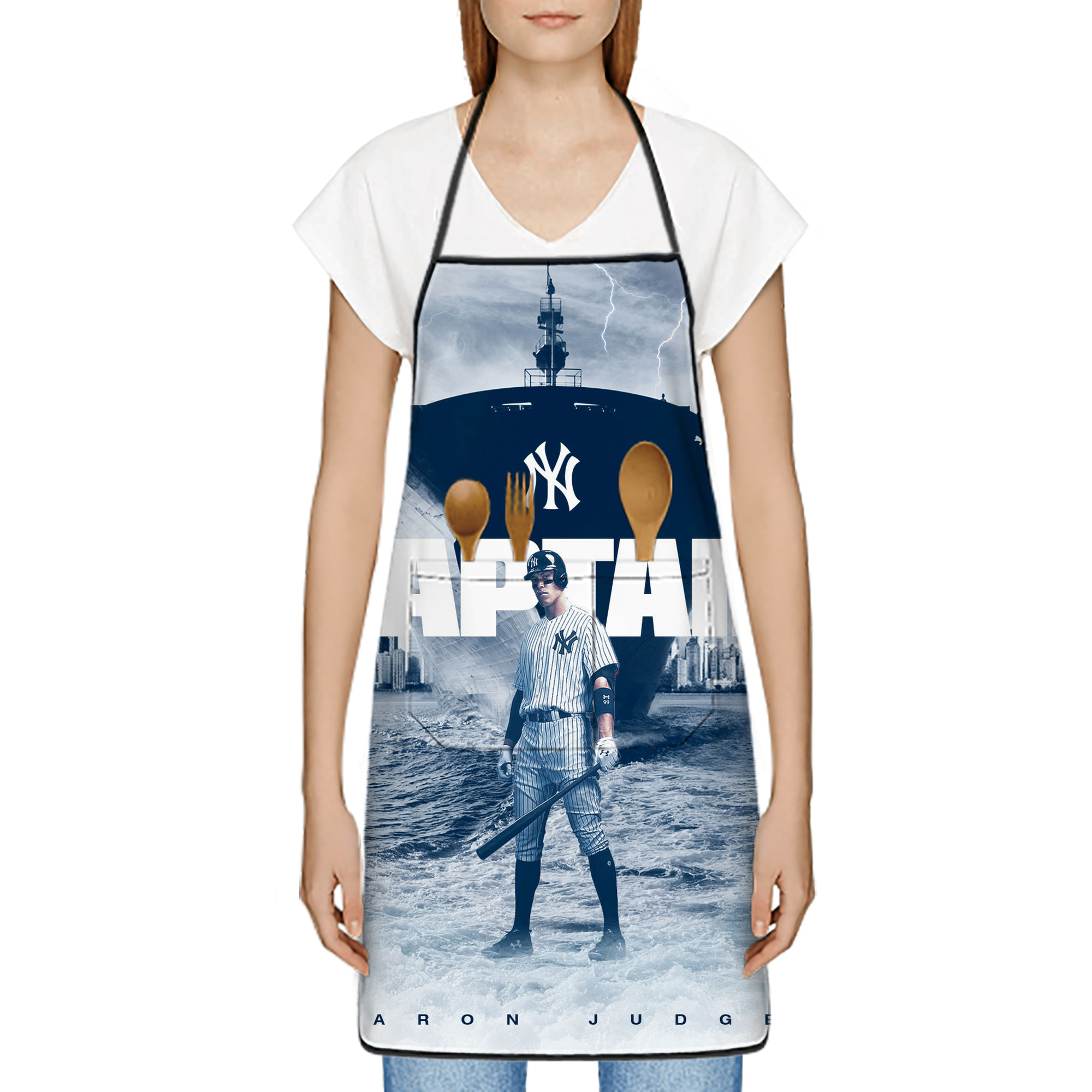 Aaron Judge Yankees Captain Stain-Resistant Polyester Apron With Pocket – Full Print, Waterproof, Anti-Wrinkle, Anti-Pilling – Ideal For Kitchen, BBQ, Restaurant, Salon & More