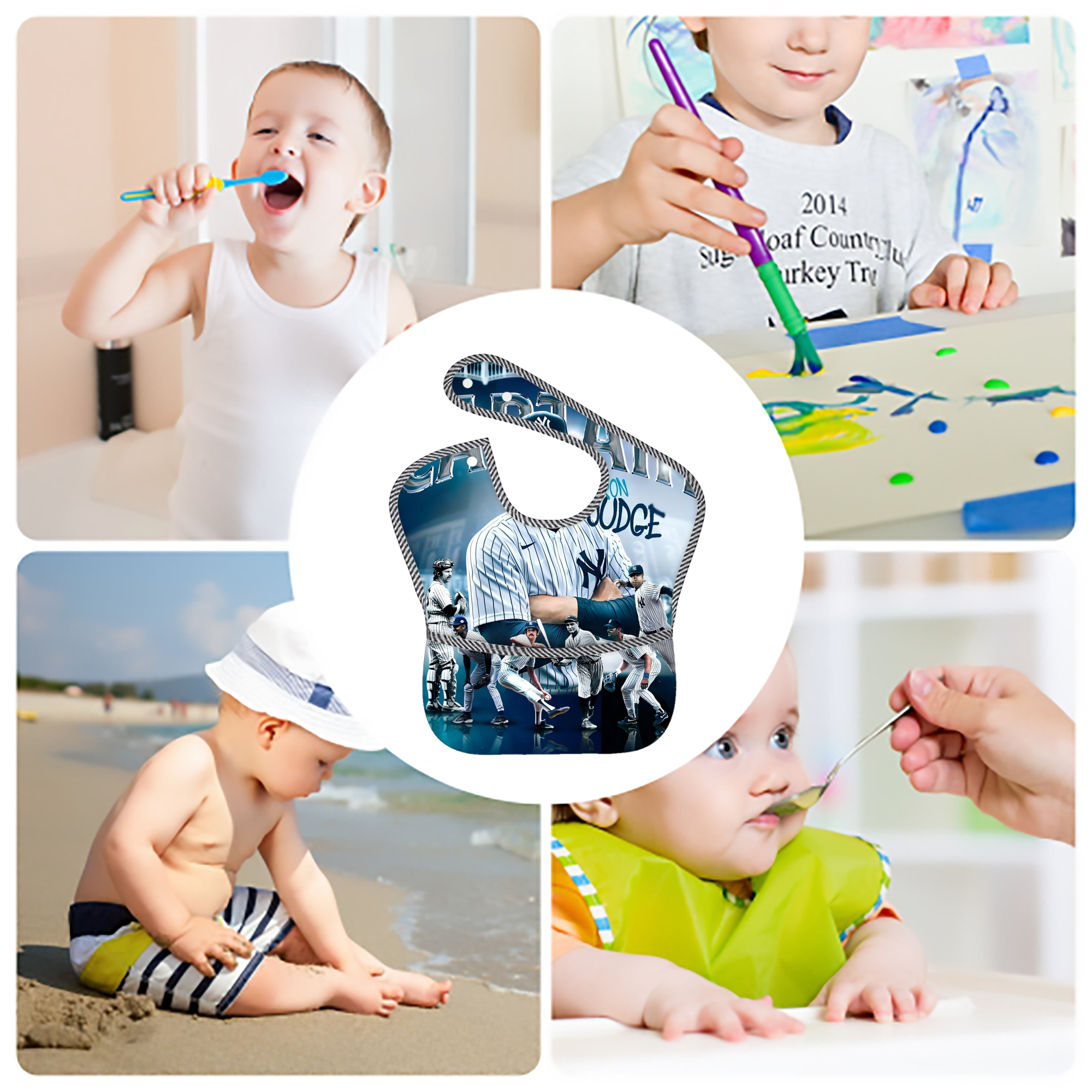 Aaron Judge Yankees Captain Adjustable Waterproof Toddler Bib – Full-Print Durable Polyester – Foldable Crumb Pocket – Easy Snap Closure – Soft