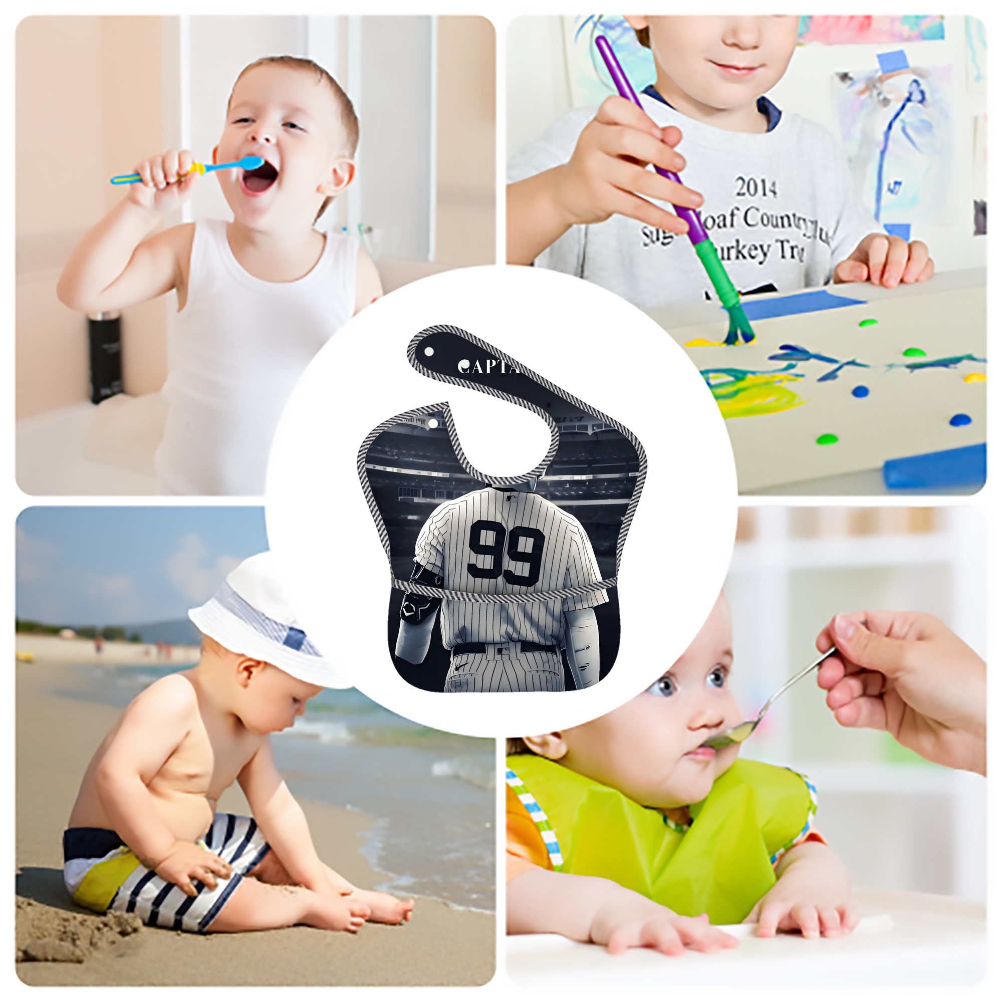 Aaron Judge Yankees Captain Adjustable Waterproof Toddler Bib – Full-Print Durable Polyester – Foldable Crumb Pocket – Easy Snap Closure – Soft