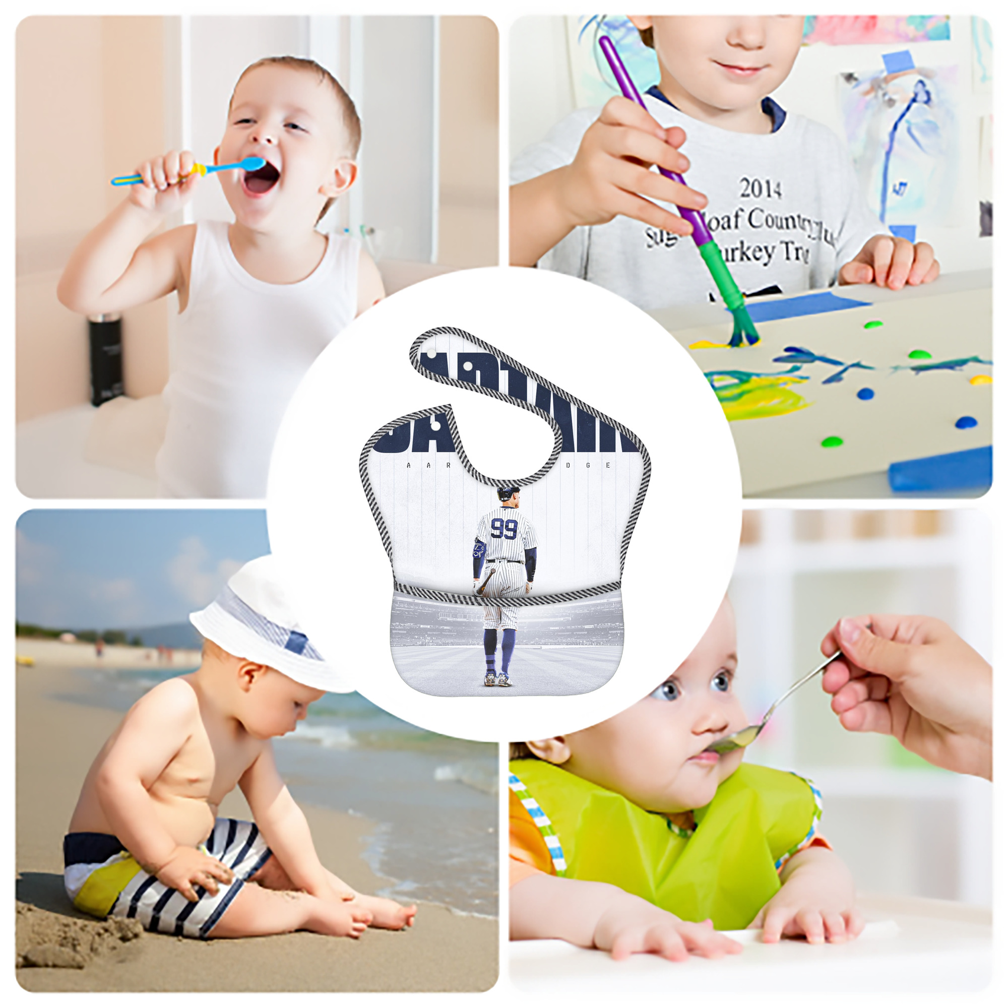 Aaron Judge Yankees Captain Adjustable Waterproof Toddler Bib – Full-Print Durable Polyester – Foldable Crumb Pocket – Easy Snap Closure – Soft