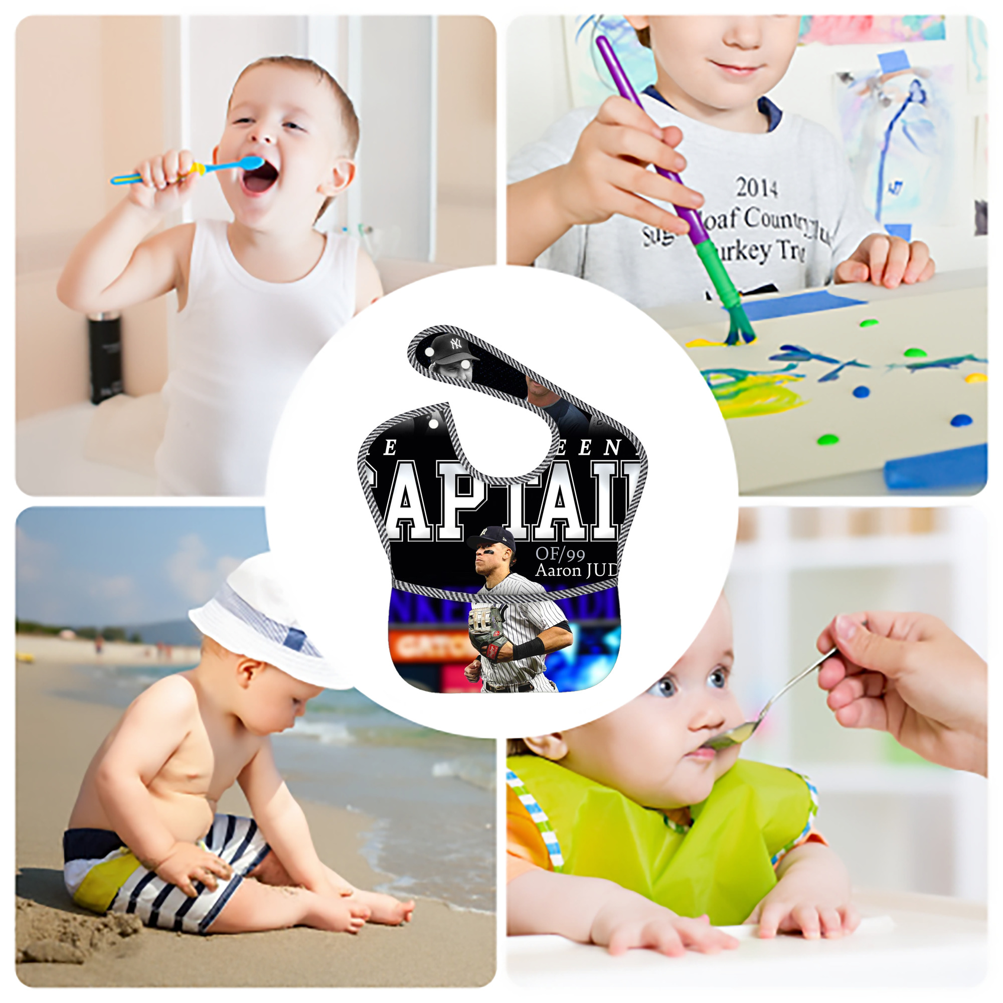 Aaron Judge Yankees Captain Adjustable Waterproof Toddler Bib – Full-Print Durable Polyester – Foldable Crumb Pocket – Easy Snap Closure – Soft