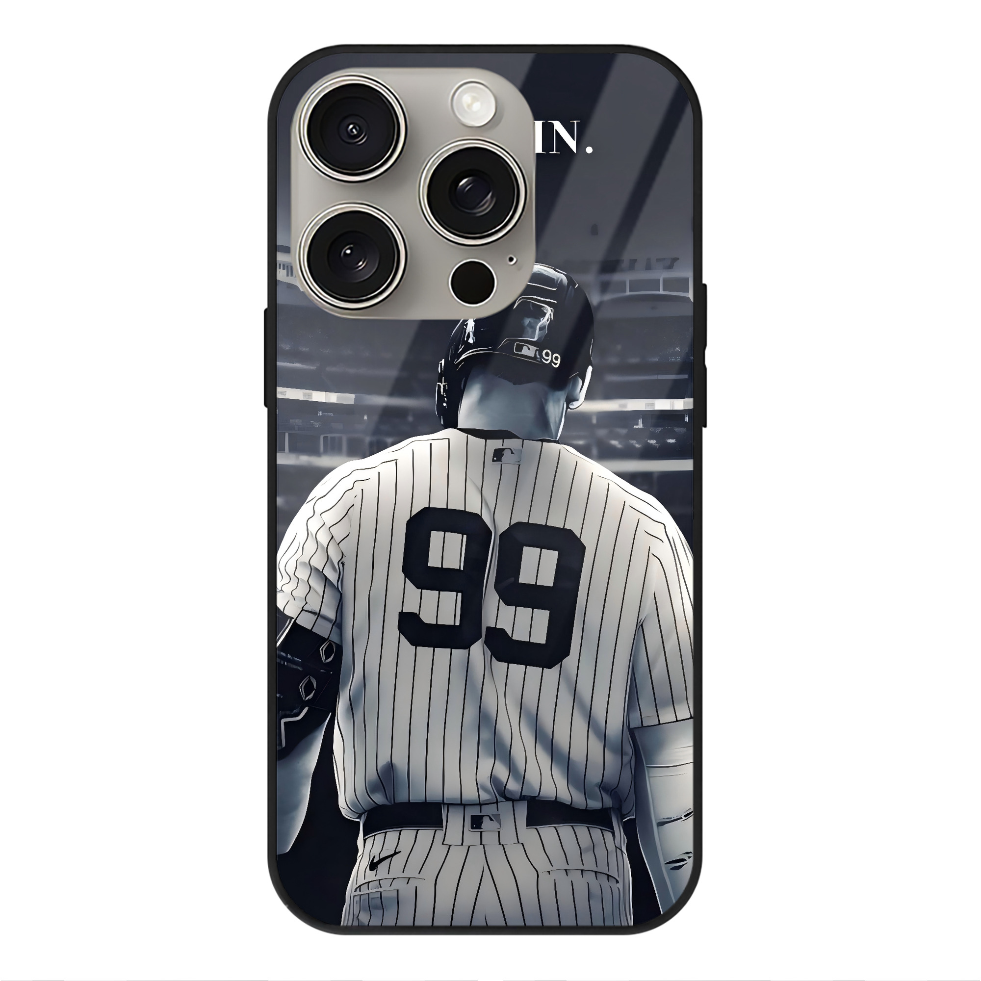 Aaron Judge Yankees Captain IPhone 15 Pro Mirror Phone Case – UV Printed Glass + TPU – Scratch-Resistant, Wireless Charging Compatible, Precise Fit & Stylish Design