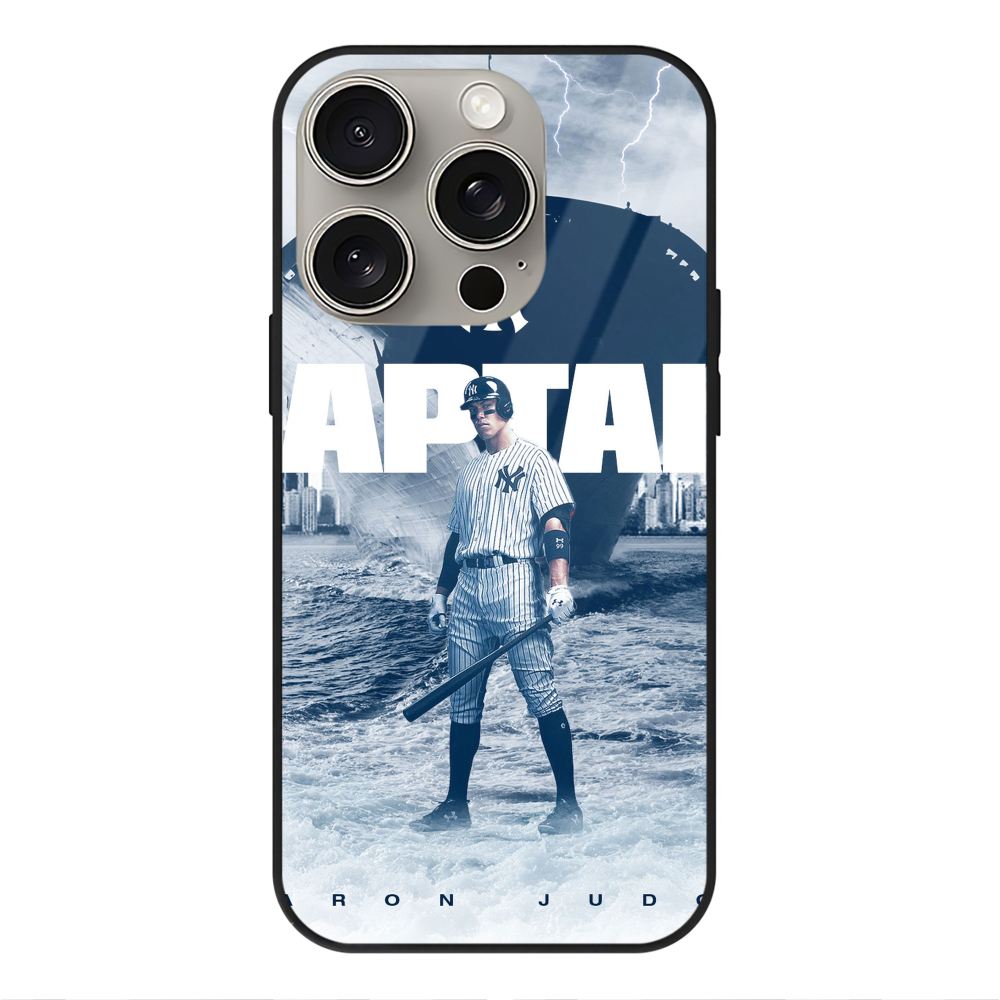 Aaron Judge Yankees Captain IPhone 15 Pro Mirror Phone Case – UV Printed Glass + TPU – Scratch-Resistant, Wireless Charging Compatible, Precise Fit & Stylish Design