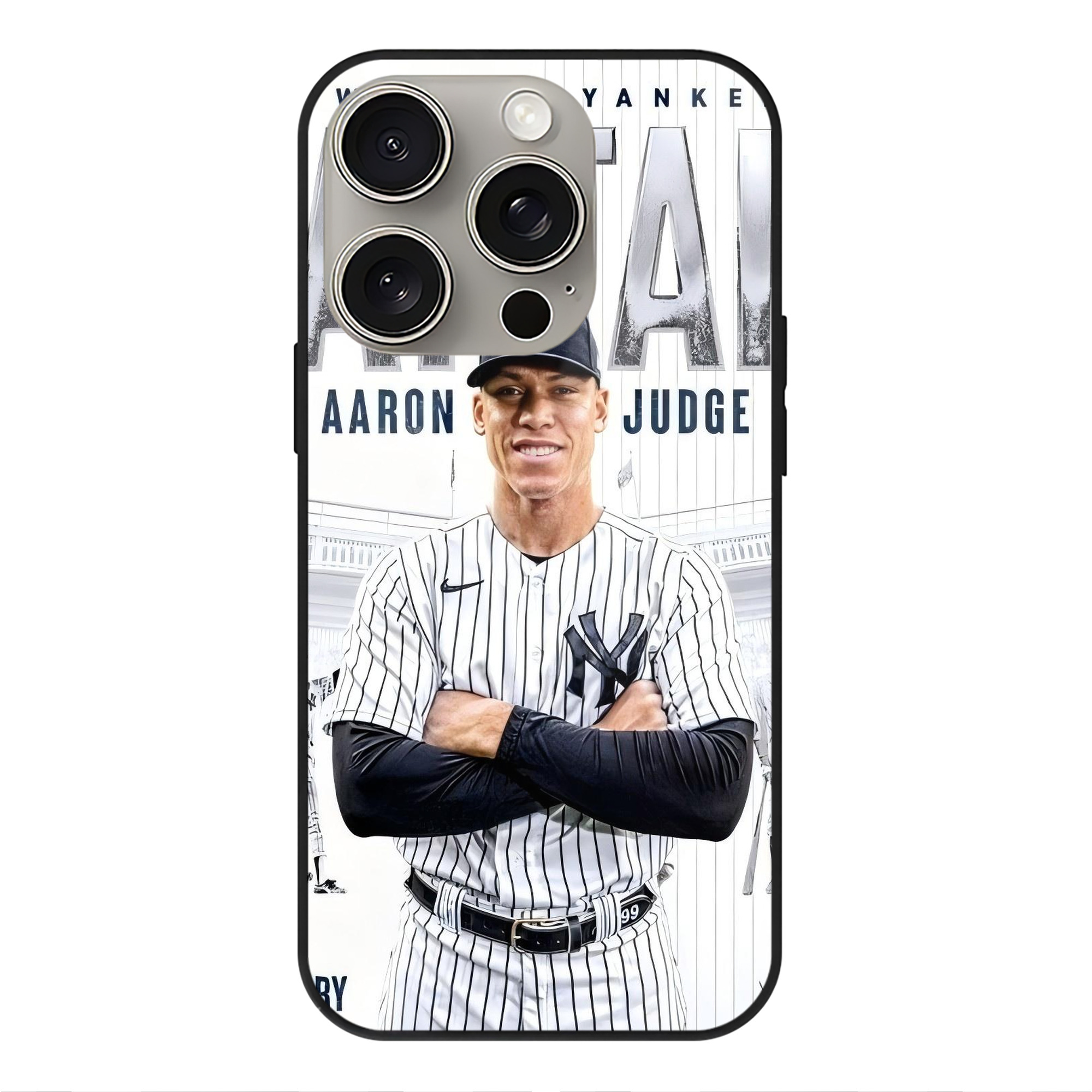 Aaron Judge Yankees Captain IPhone 15 Pro Mirror Phone Case – UV Printed Glass + TPU – Scratch-Resistant, Wireless Charging Compatible, Precise Fit & Stylish Design