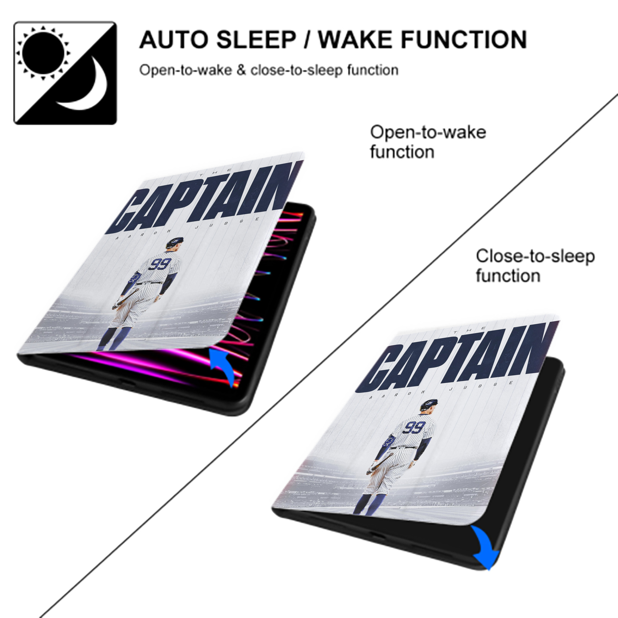 Aaron Judge Yankees Captain Premium Tri-Fold PU Leather & Silicone IPad Case With Pencil Slot – Fits 9.5,10.5,10.9 – Adjustable Stand, Slim, Protective