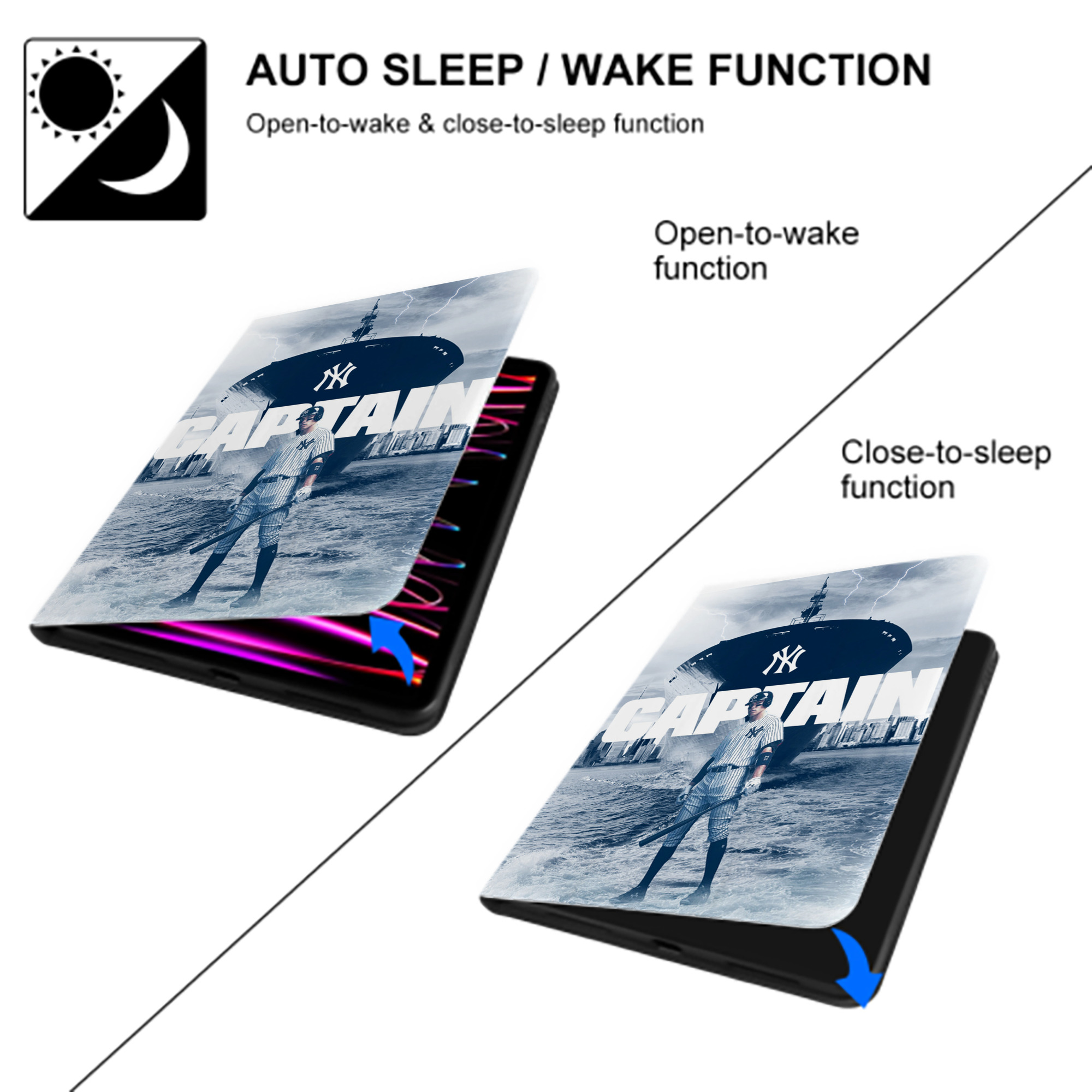 Aaron Judge Yankees Captain Premium Tri-Fold PU Leather & Silicone IPad Case With Pencil Slot – Fits 9.5,10.5,10.9 – Adjustable Stand, Slim, Protective