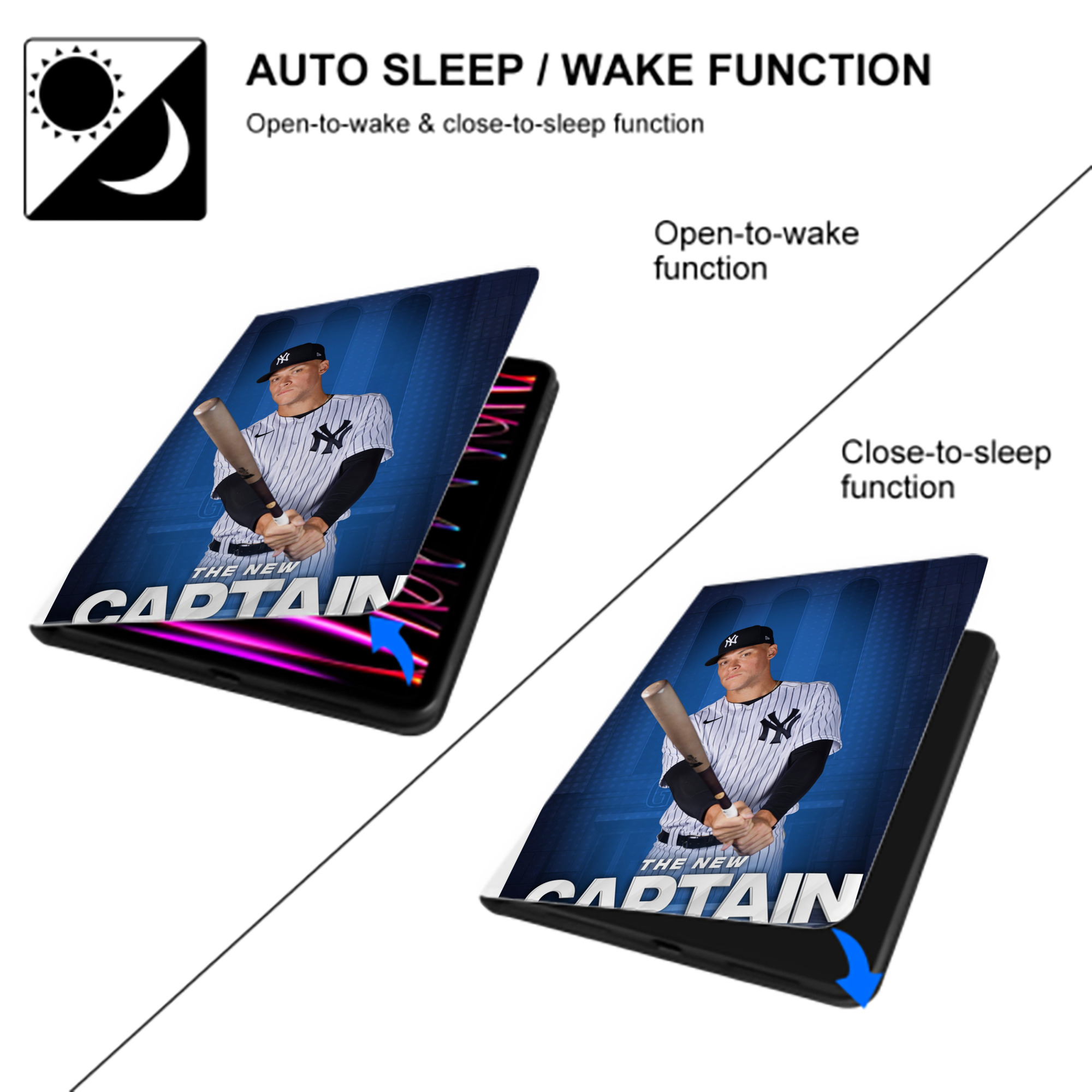 Aaron Judge Yankees Captain Premium Tri-Fold PU Leather & Silicone IPad Case With Pencil Slot – Fits 9.5,10.5,10.9 – Adjustable Stand, Slim, Protective