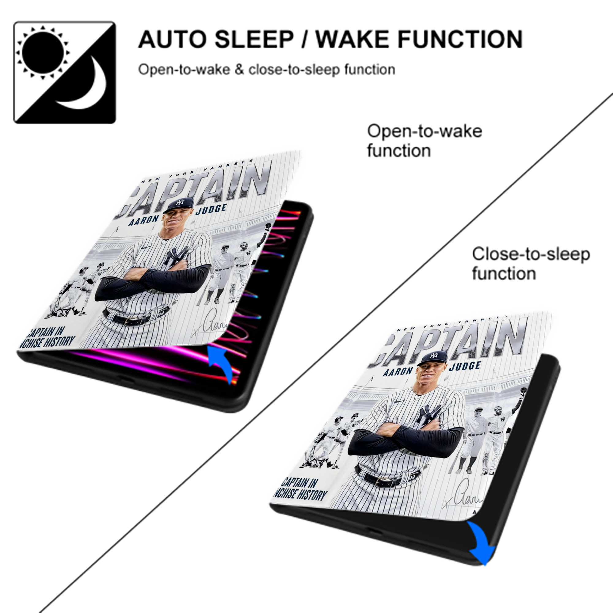 Aaron Judge Yankees Captain Premium Tri-Fold PU Leather & Silicone IPad Case With Pencil Slot – Fits 9.5,10.5,10.9 – Adjustable Stand, Slim, Protective