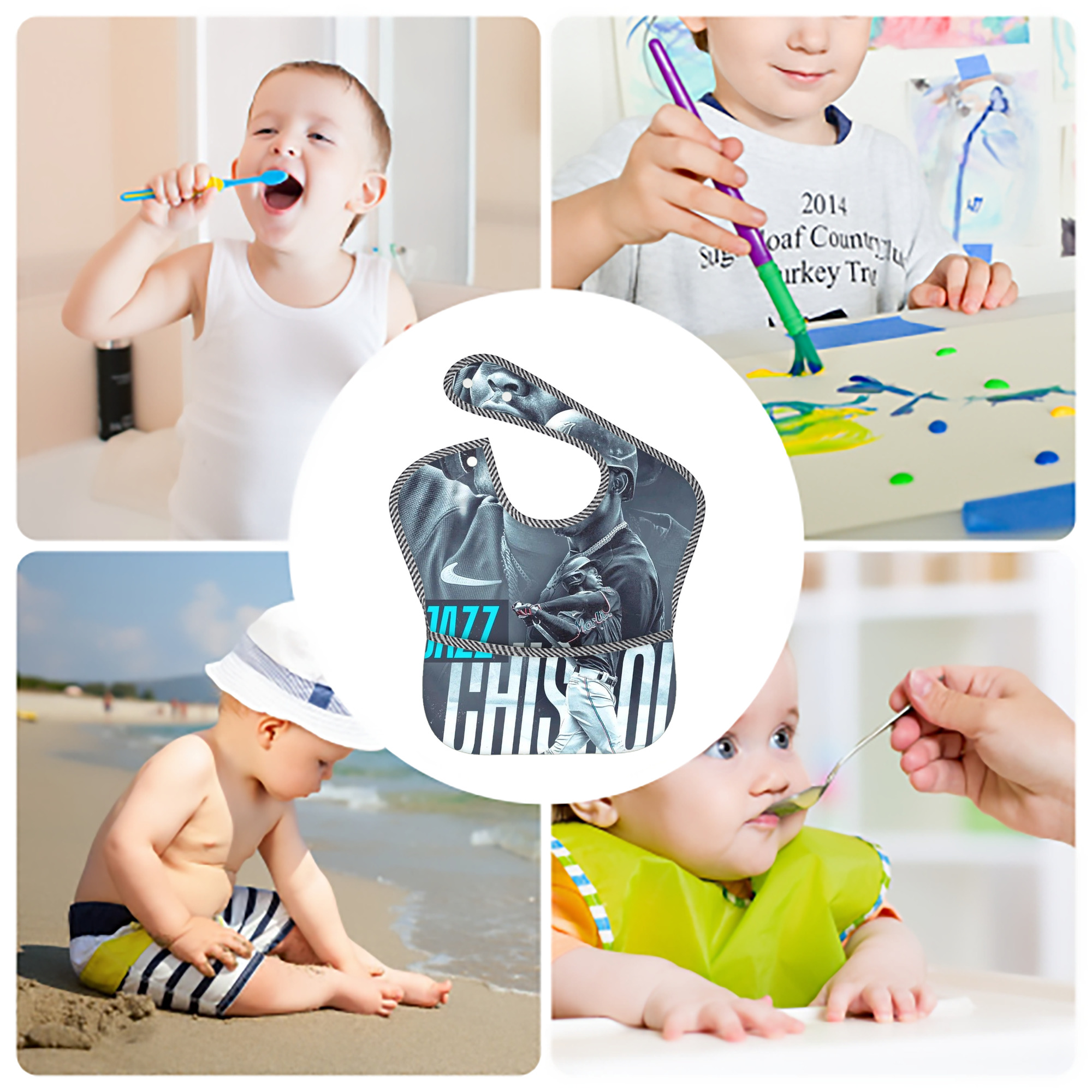 Jazz Chisholm Jr. 45 Adjustable Waterproof Toddler Bib – Full-Print Durable Polyester – Foldable Crumb Pocket – Easy Snap Closure – Soft