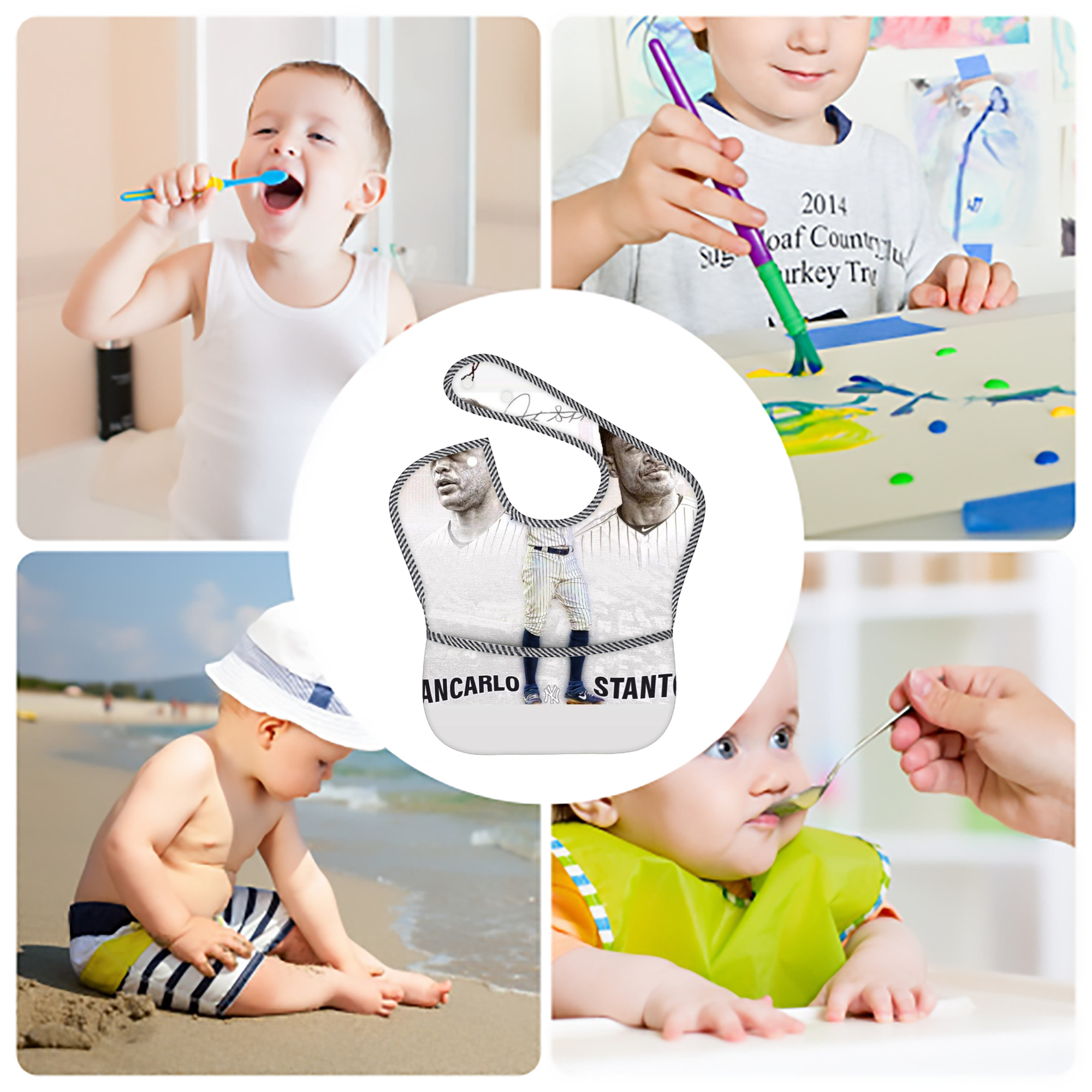Giancarlo Stanton 11 Adjustable Waterproof Toddler Bib – Full-Print Durable Polyester – Foldable Crumb Pocket – Easy Snap Closure – Soft