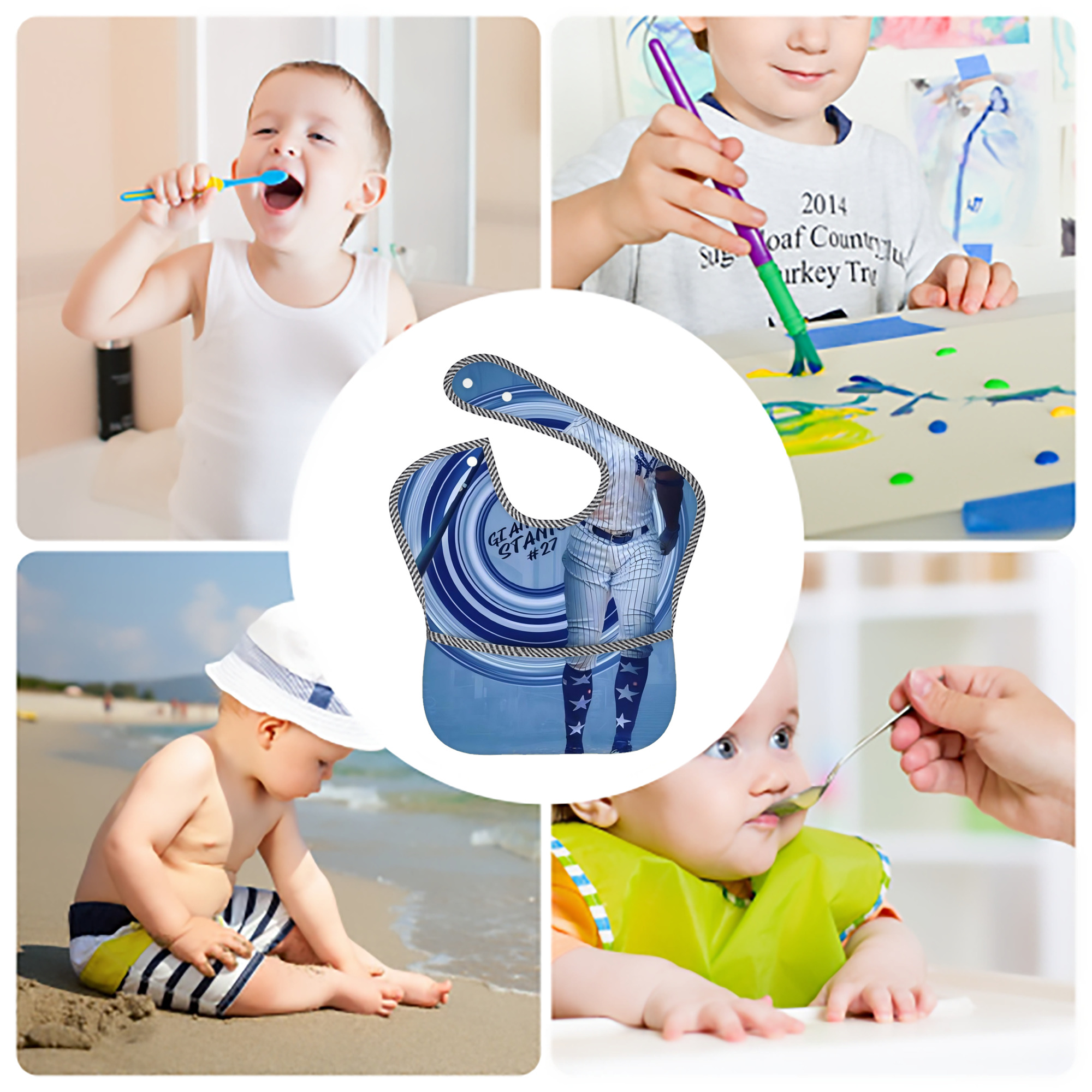 Giancarlo Stanton 16 Adjustable Waterproof Toddler Bib – Full-Print Durable Polyester – Foldable Crumb Pocket – Easy Snap Closure – Soft