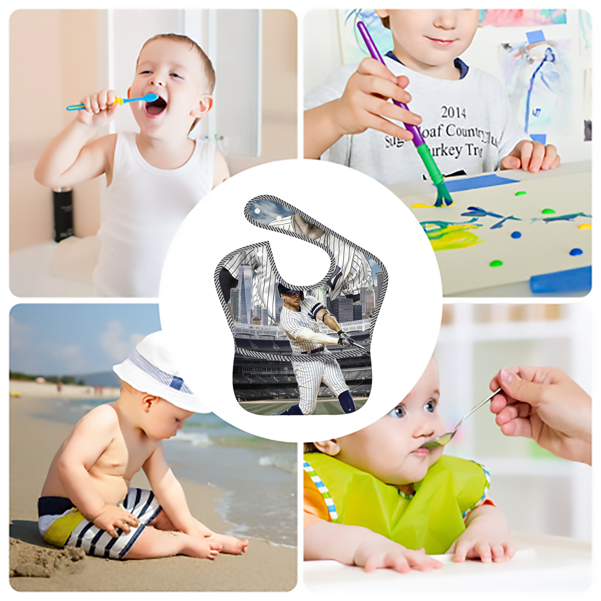 Giancarlo Stanton 14 Adjustable Waterproof Toddler Bib – Full-Print Durable Polyester – Foldable Crumb Pocket – Easy Snap Closure – Soft