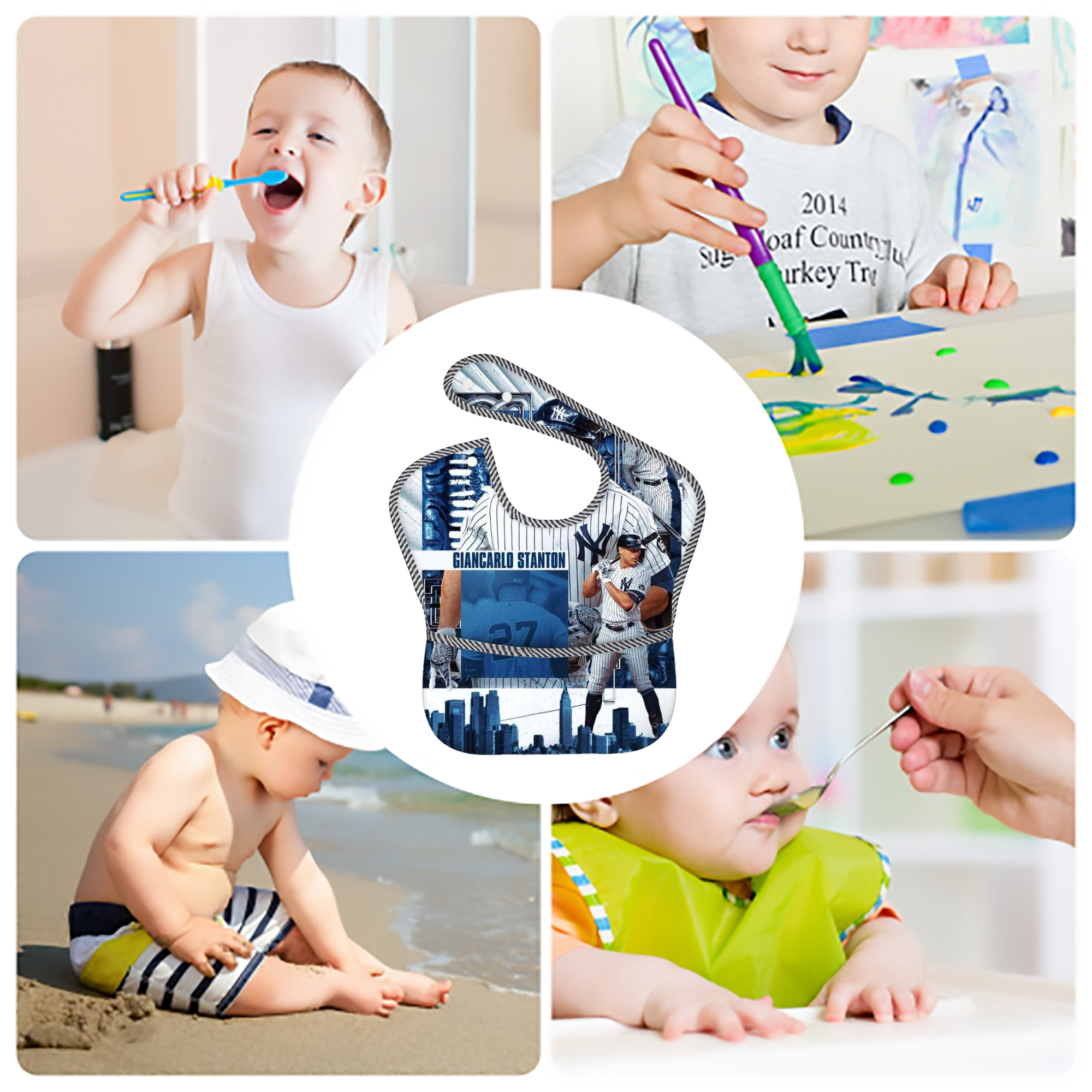 Giancarlo Stanton 17 Adjustable Waterproof Toddler Bib – Full-Print Durable Polyester – Foldable Crumb Pocket – Easy Snap Closure – Soft