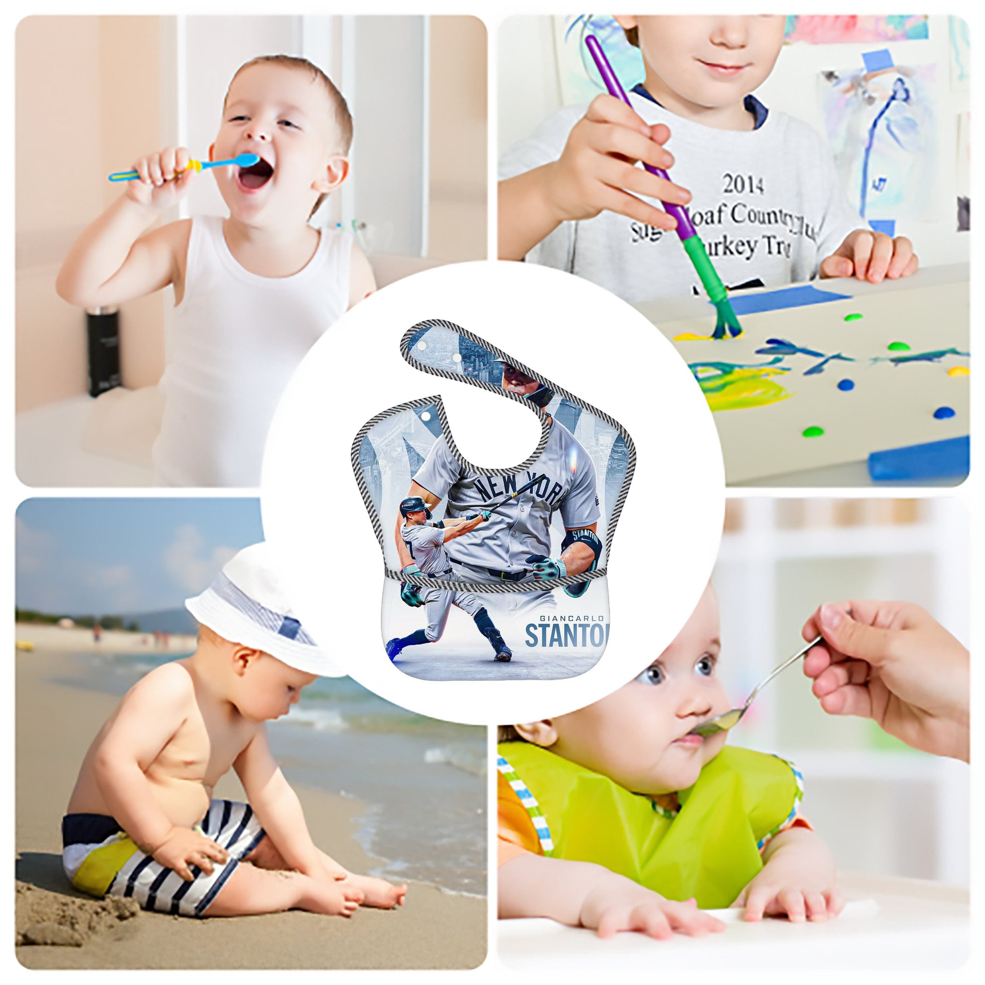 Giancarlo Stanton 24 Adjustable Waterproof Toddler Bib – Full-Print Durable Polyester – Foldable Crumb Pocket – Easy Snap Closure – Soft