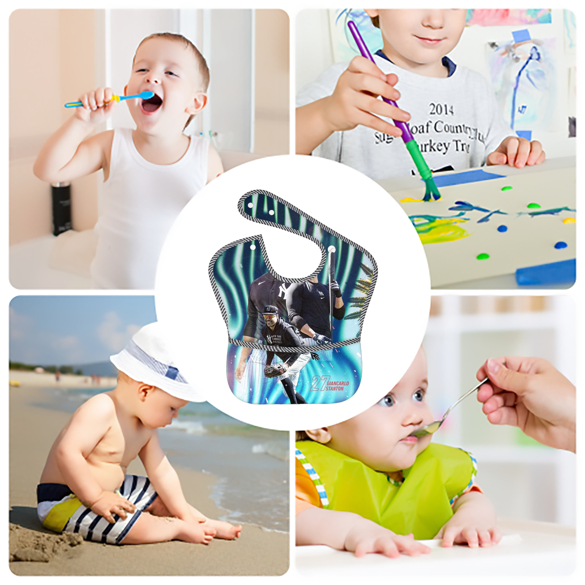 Giancarlo Stanton 31 Adjustable Waterproof Toddler Bib – Full-Print Durable Polyester – Foldable Crumb Pocket – Easy Snap Closure – Soft