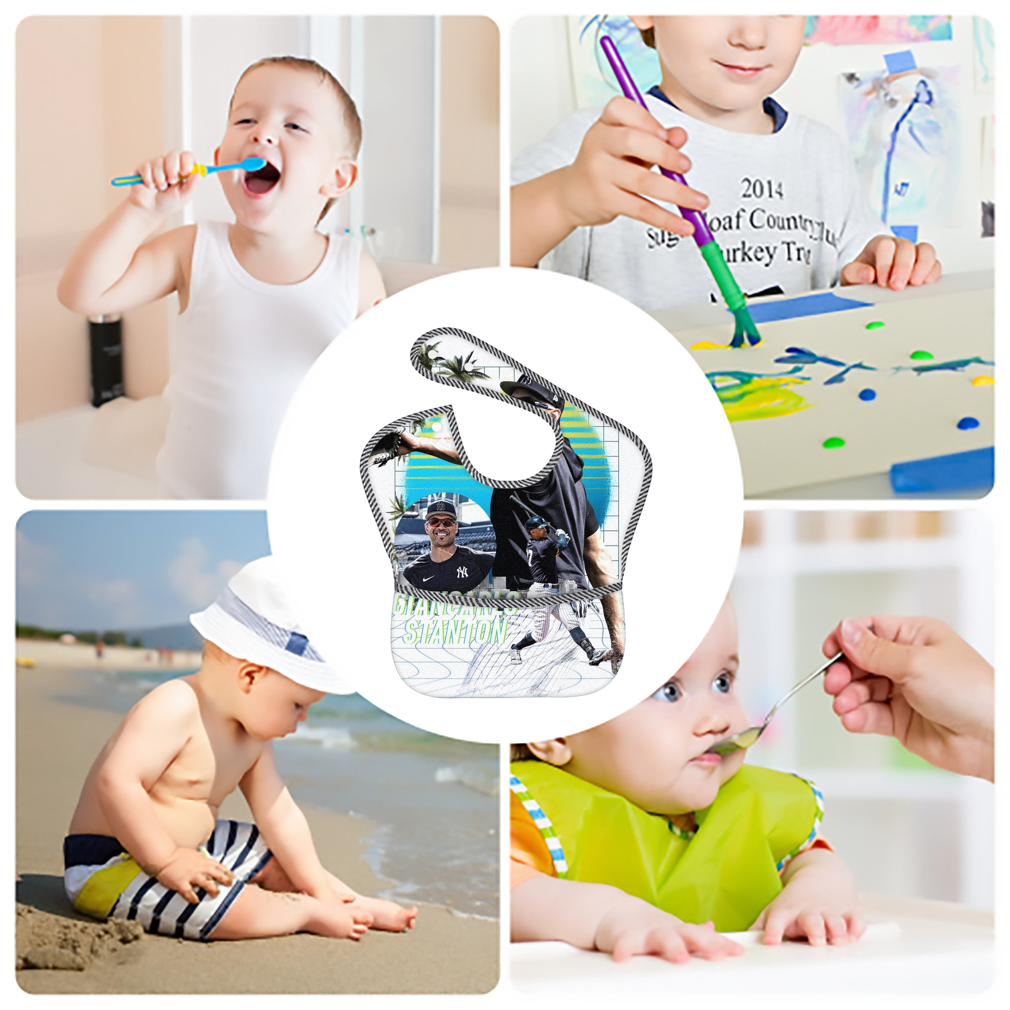 Giancarlo Stanton 30 Adjustable Waterproof Toddler Bib – Full-Print Durable Polyester – Foldable Crumb Pocket – Easy Snap Closure – Soft