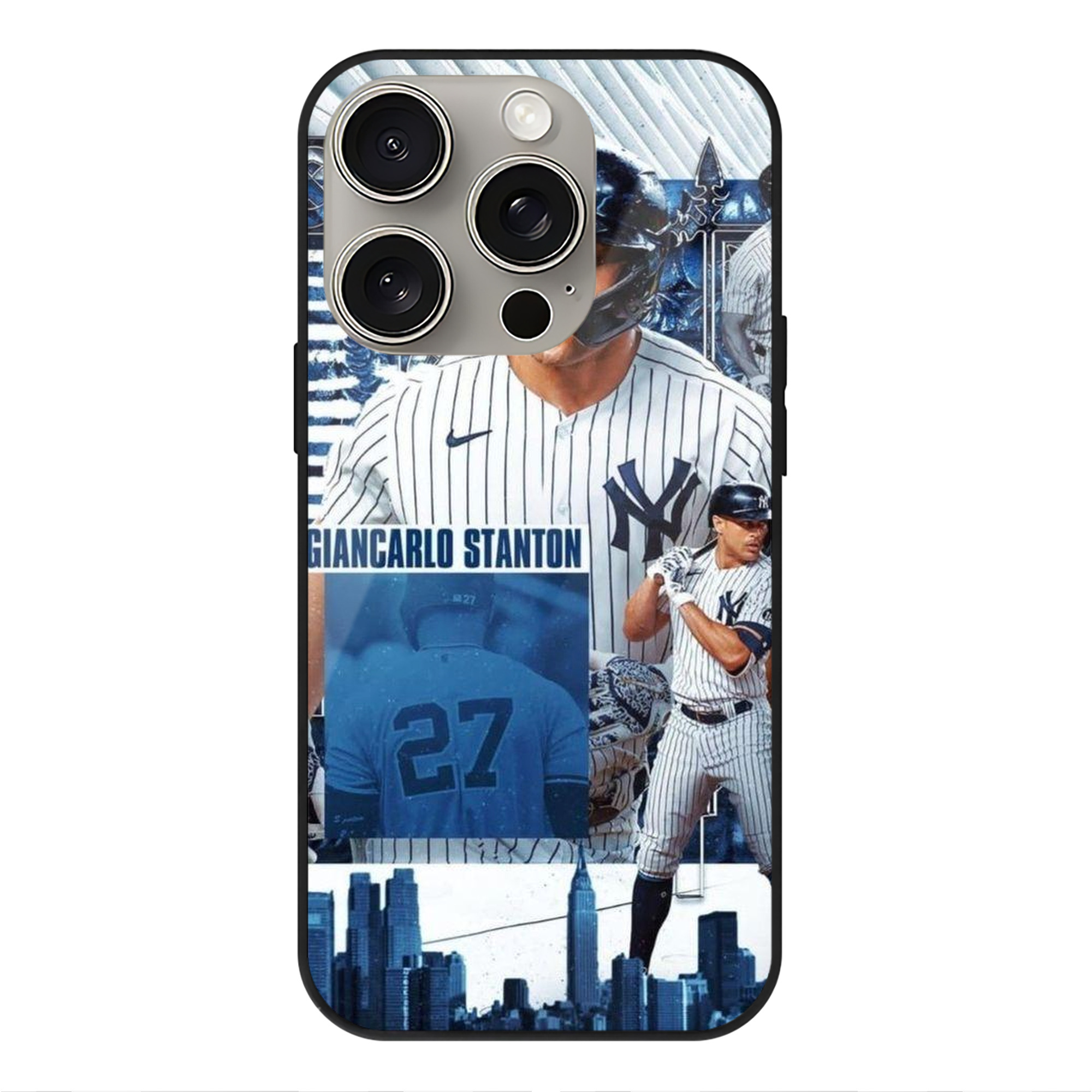 Giancarlo Stanton 17 IPhone 15 Pro Mirror Phone Case – UV Printed Glass + TPU – Scratch-Resistant, Wireless Charging Compatible, Precise Fit & Stylish Design