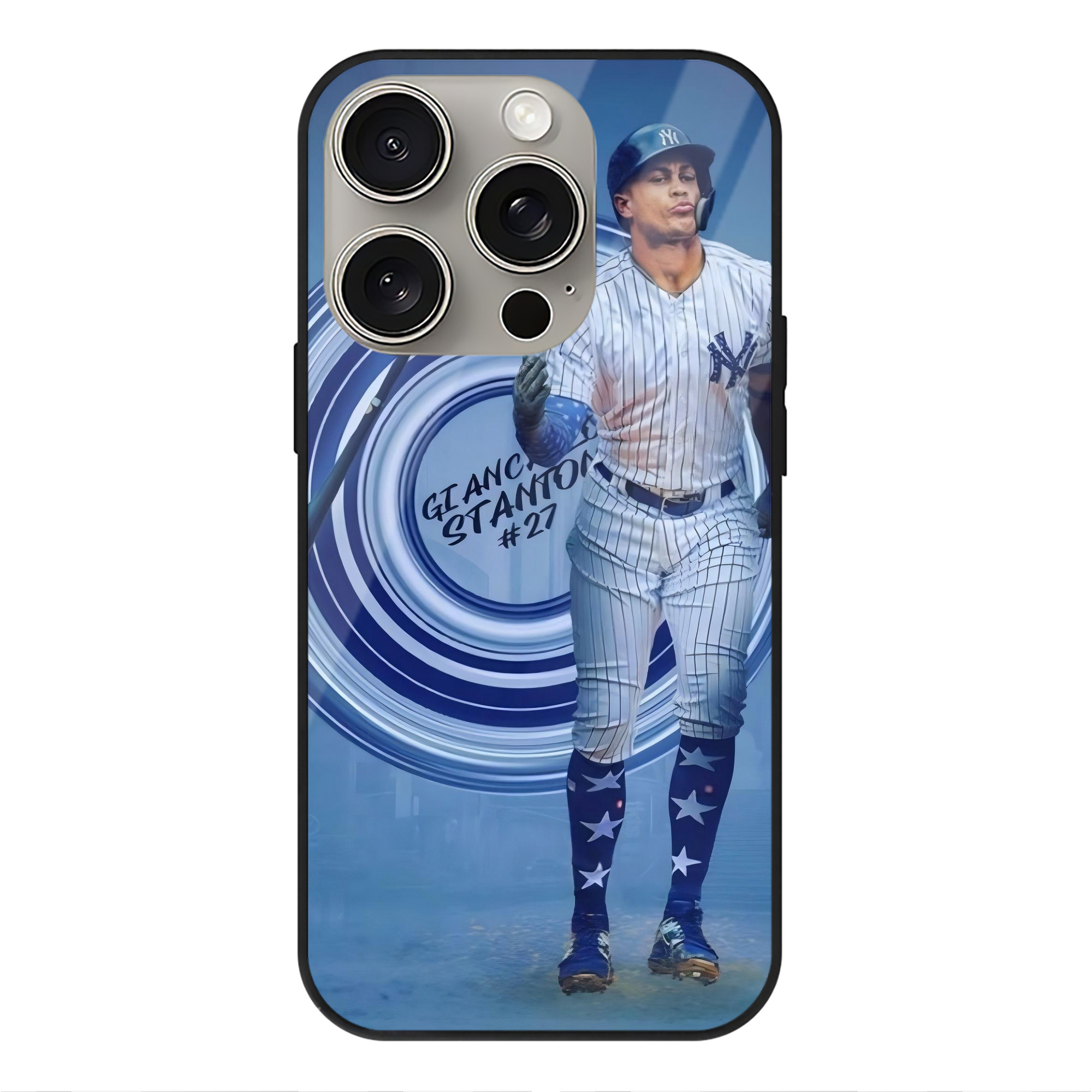Giancarlo Stanton 16 IPhone 15 Pro Mirror Phone Case – UV Printed Glass + TPU – Scratch-Resistant, Wireless Charging Compatible, Precise Fit & Stylish Design