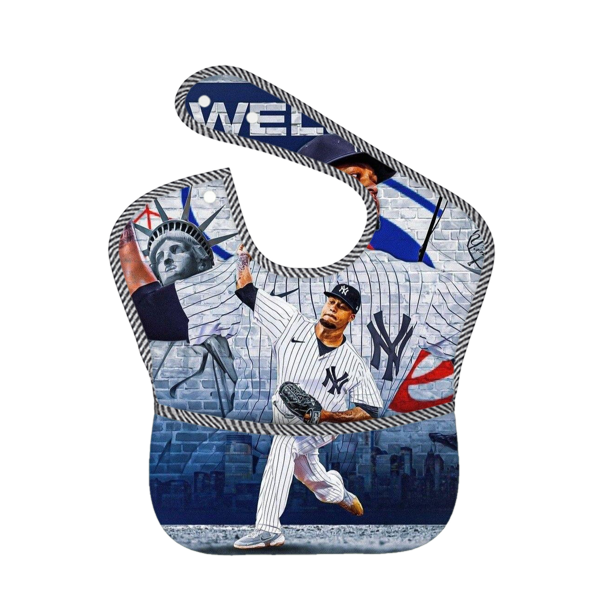 Giancarlo Stanton 43 Adjustable Waterproof Toddler Bib – Full-Print Durable Polyester – Foldable Crumb Pocket – Easy Snap Closure – Soft