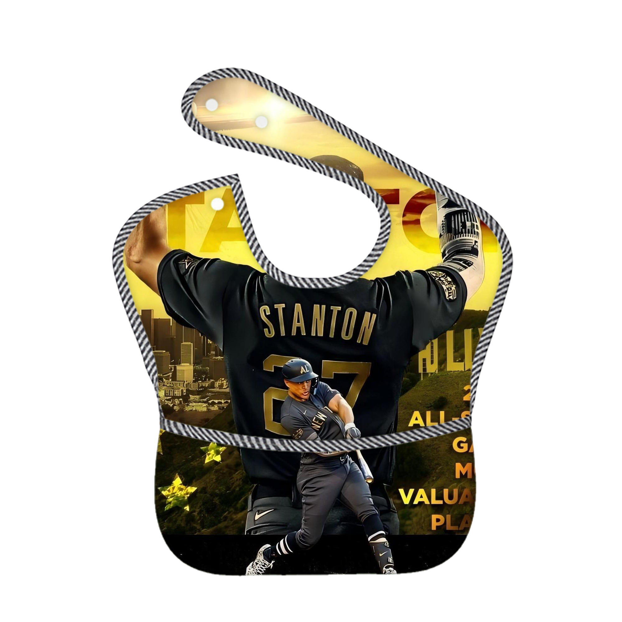 Giancarlo Stanton 44 Adjustable Waterproof Toddler Bib – Full-Print Durable Polyester – Foldable Crumb Pocket – Easy Snap Closure – Soft