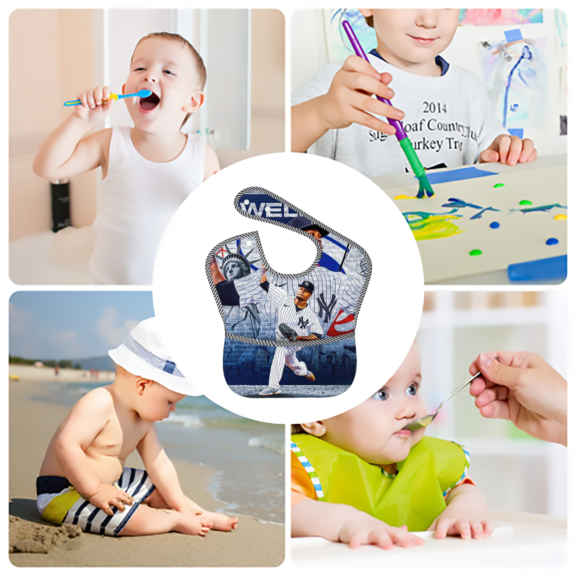 Giancarlo Stanton 43 Adjustable Waterproof Toddler Bib – Full-Print Durable Polyester – Foldable Crumb Pocket – Easy Snap Closure – Soft