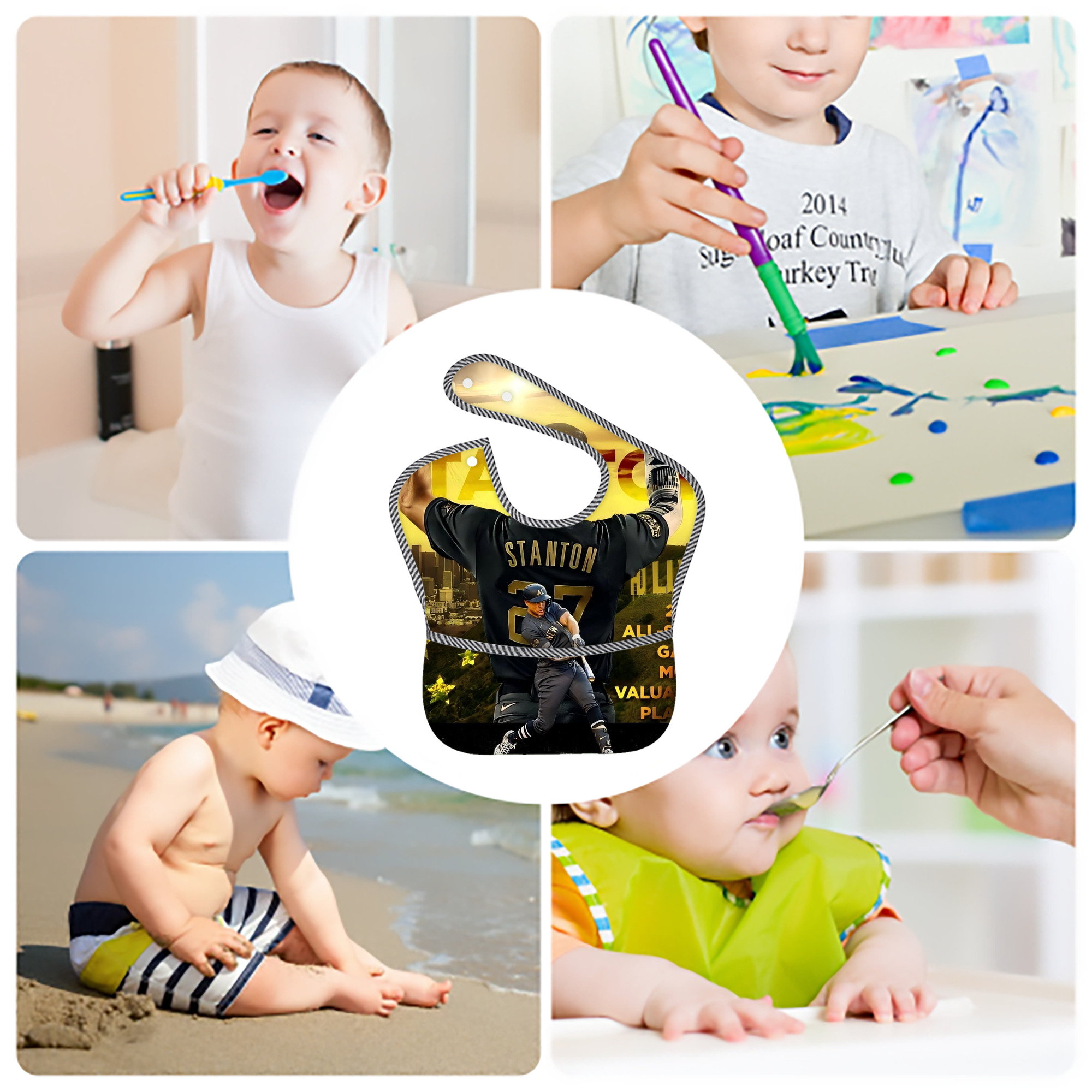 Giancarlo Stanton 44 Adjustable Waterproof Toddler Bib – Full-Print Durable Polyester – Foldable Crumb Pocket – Easy Snap Closure – Soft