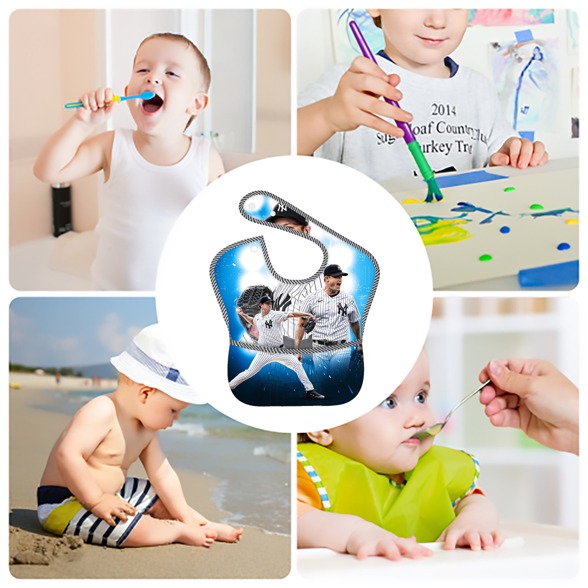 Gerrit Cole 7 Adjustable Waterproof Toddler Bib – Full-Print Durable Polyester – Foldable Crumb Pocket – Easy Snap Closure – Soft