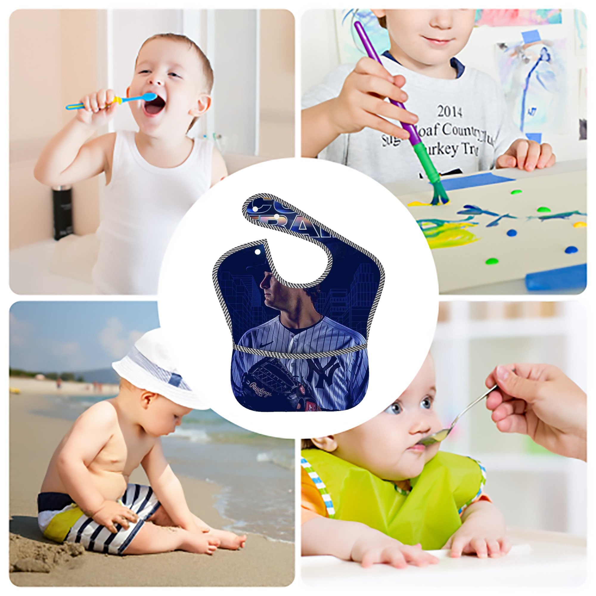 Gerrit Cole 16 Adjustable Waterproof Toddler Bib – Full-Print Durable Polyester – Foldable Crumb Pocket – Easy Snap Closure – Soft