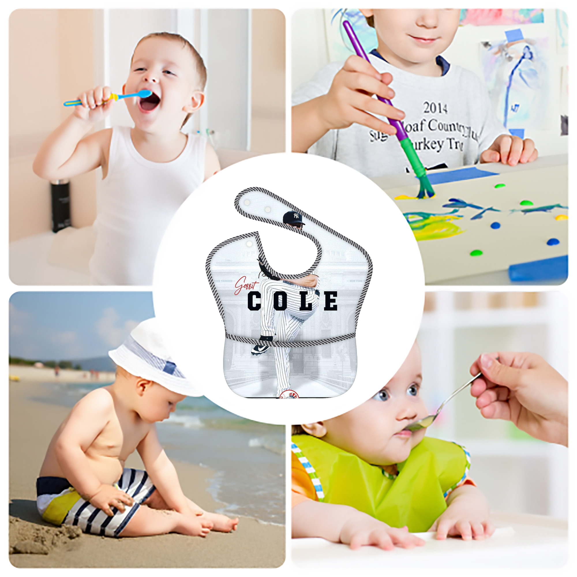 Gerrit Cole 24 Adjustable Waterproof Toddler Bib – Full-Print Durable Polyester – Foldable Crumb Pocket – Easy Snap Closure – Soft