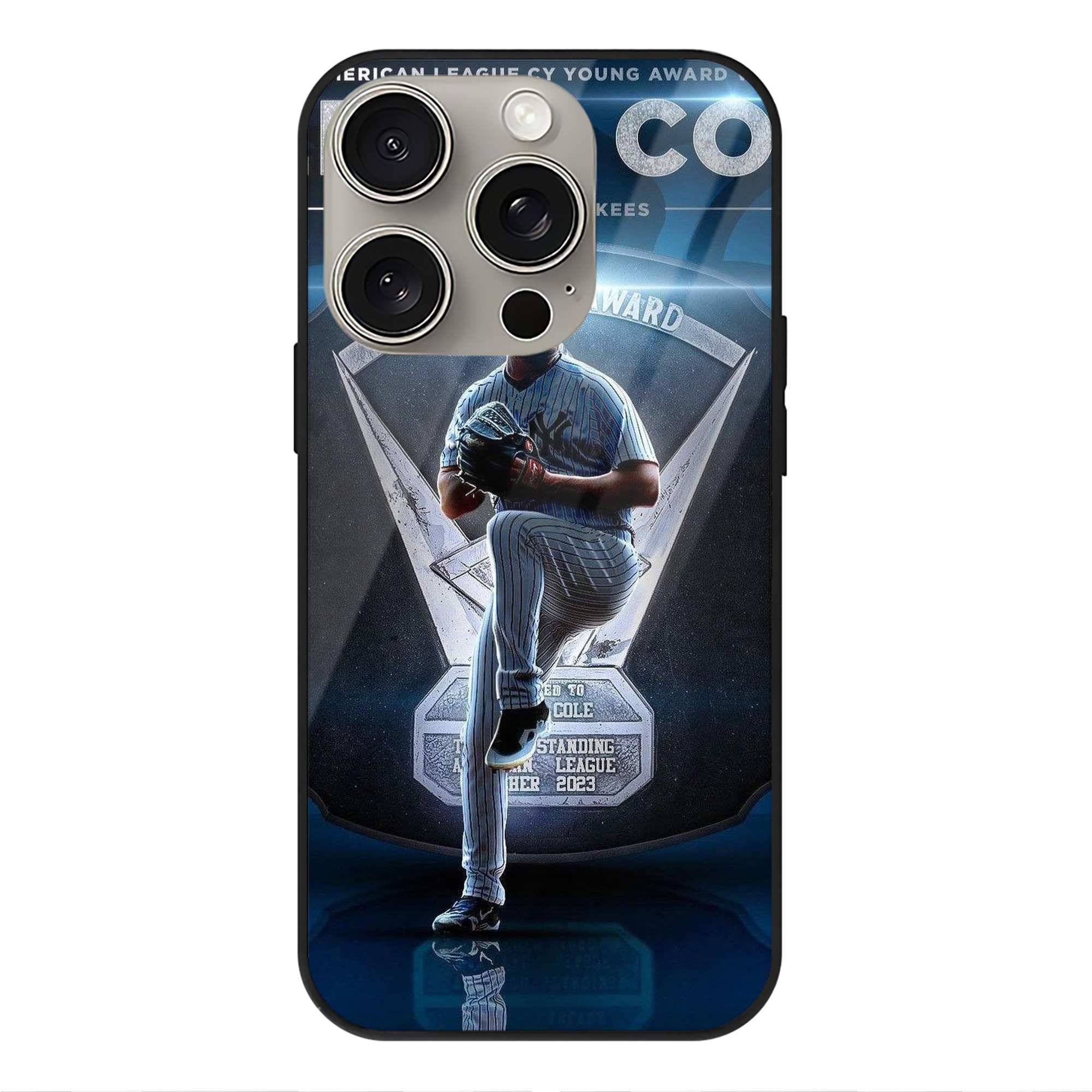 Gerrit Cole 15 IPhone 15 Pro Mirror Phone Case – UV Printed Glass + TPU – Scratch-Resistant, Wireless Charging Compatible, Precise Fit & Stylish Design