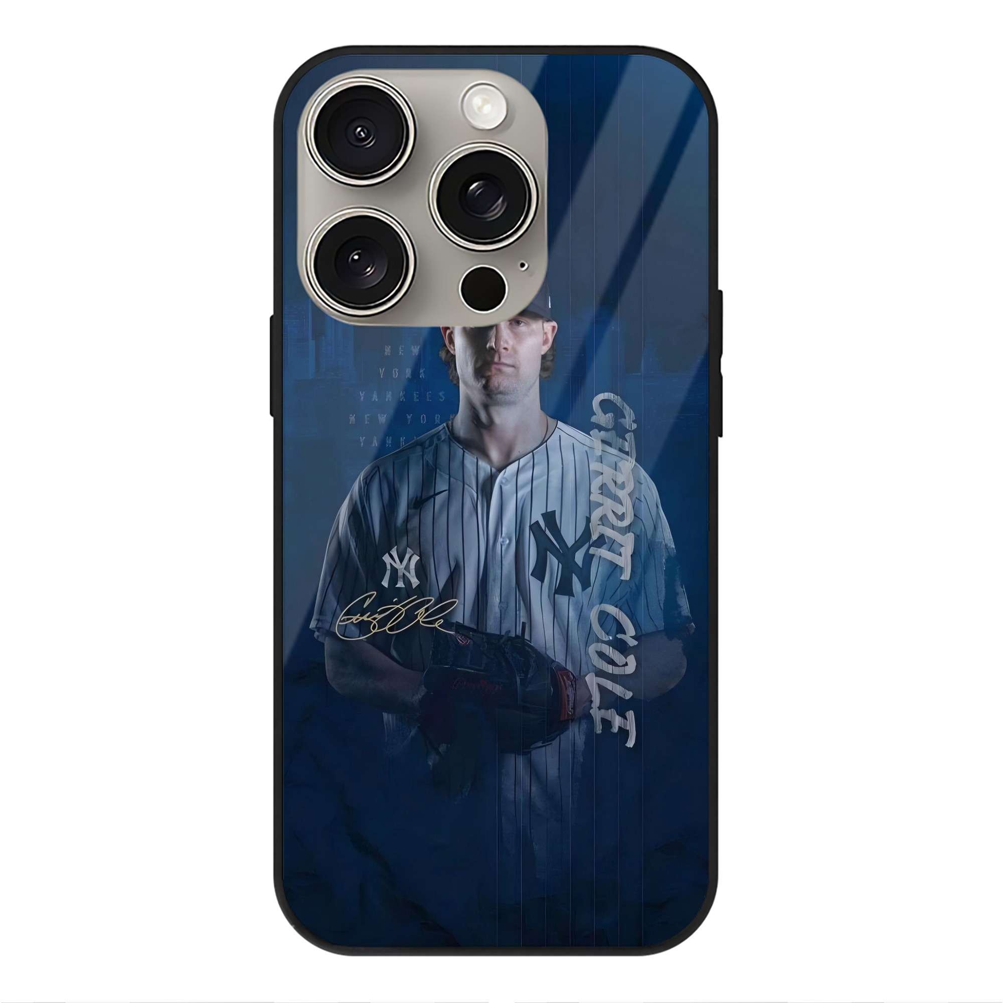 Gerrit Cole 19 IPhone 15 Pro Mirror Phone Case – UV Printed Glass + TPU – Scratch-Resistant, Wireless Charging Compatible, Precise Fit & Stylish Design