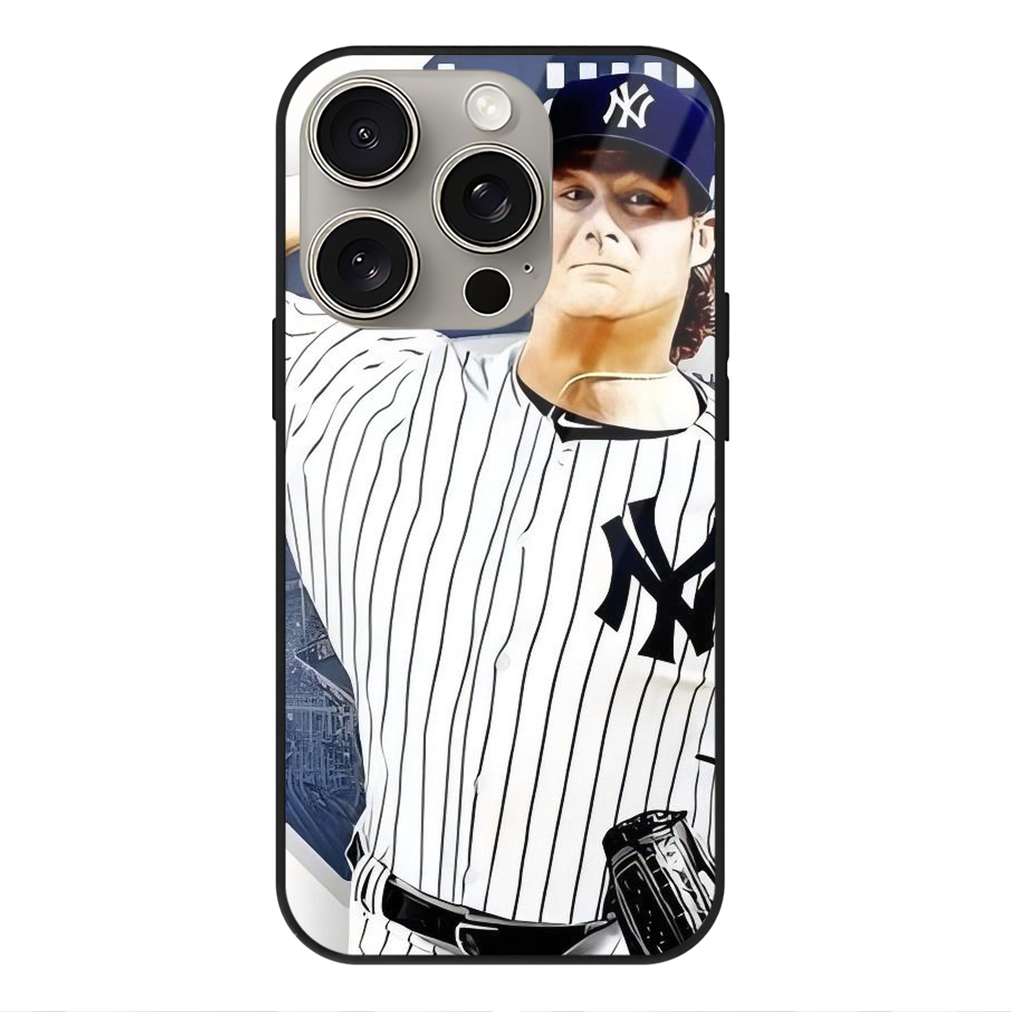 Gerrit Cole 33 IPhone 15 Pro Mirror Phone Case – UV Printed Glass + TPU – Scratch-Resistant, Wireless Charging Compatible, Precise Fit & Stylish Design