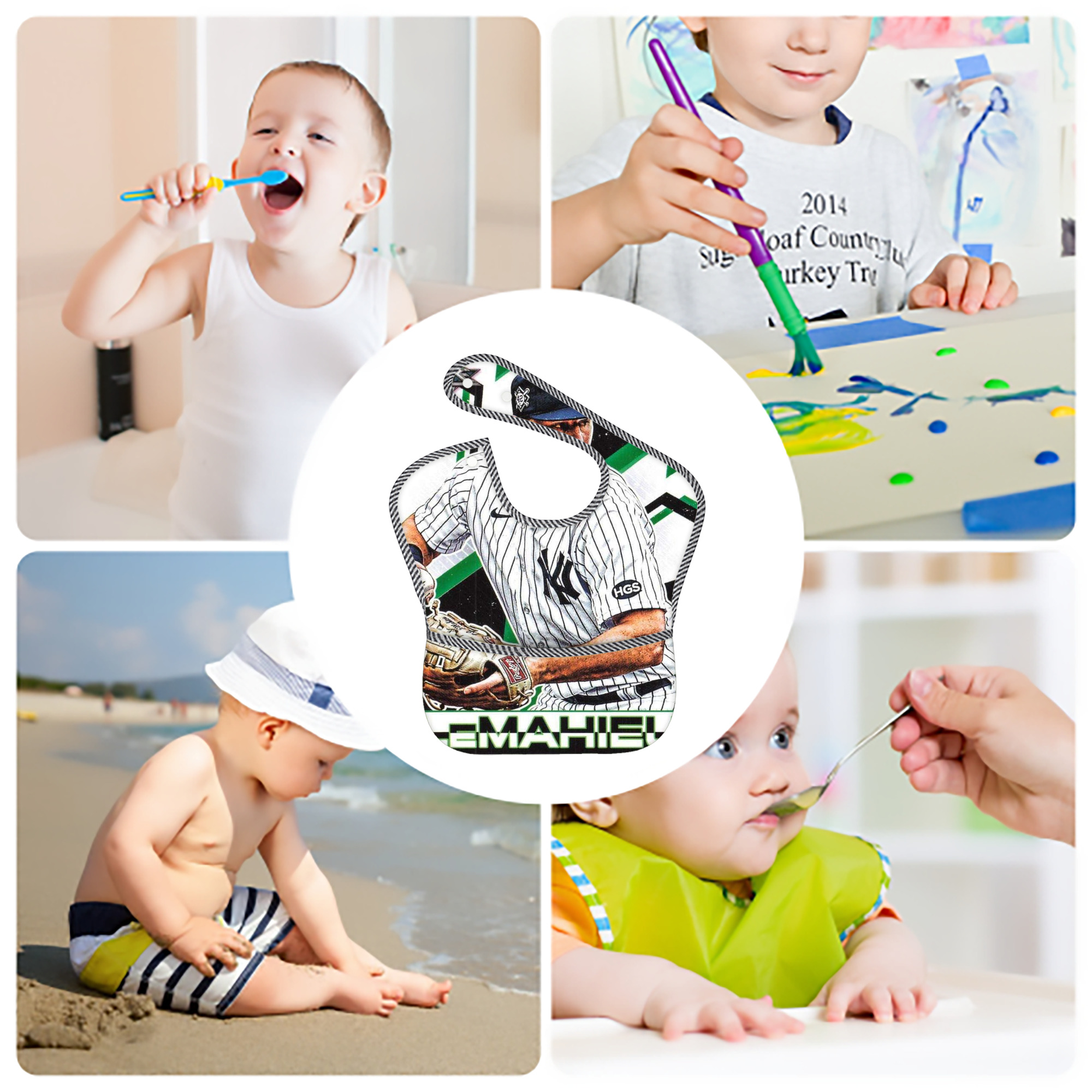 DJ Lemahieu 8 Adjustable Waterproof Toddler Bib – Full-Print Durable Polyester – Foldable Crumb Pocket – Easy Snap Closure – Soft