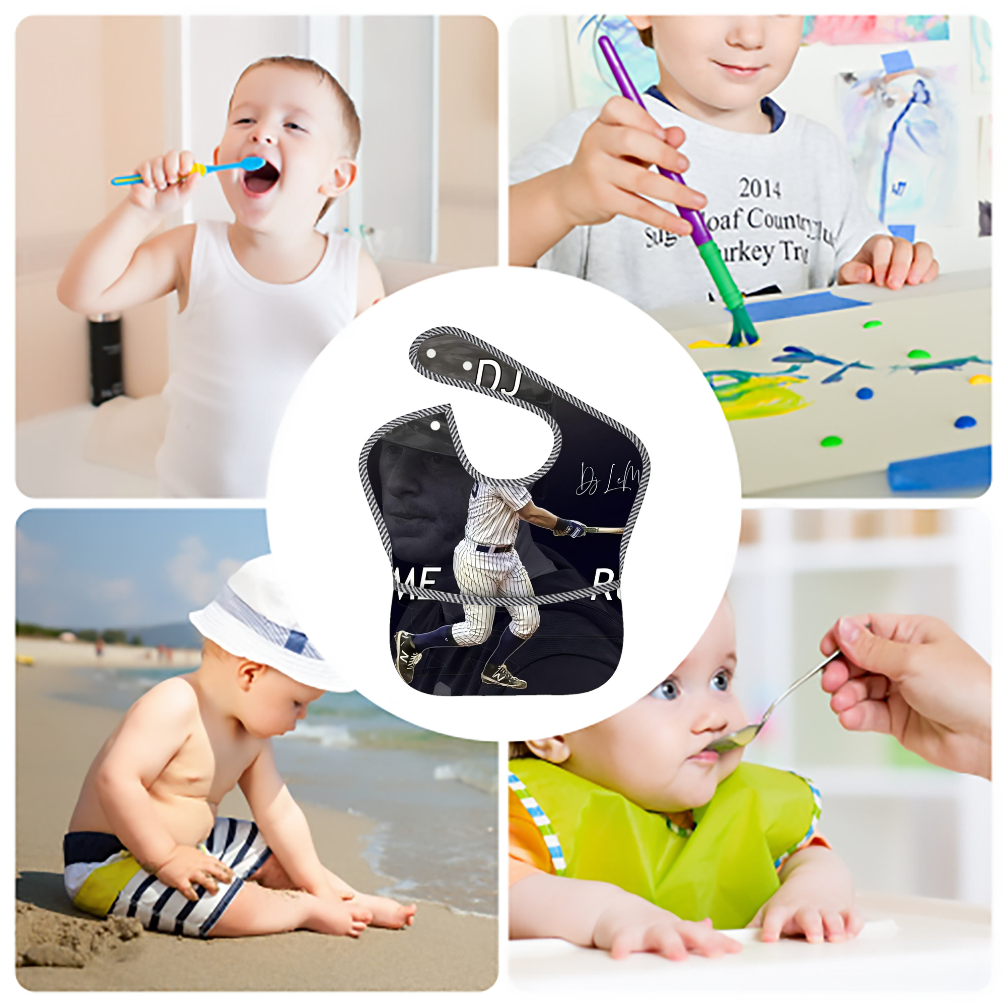 DJ Lemahieu 13 Adjustable Waterproof Toddler Bib – Full-Print Durable Polyester – Foldable Crumb Pocket – Easy Snap Closure – Soft